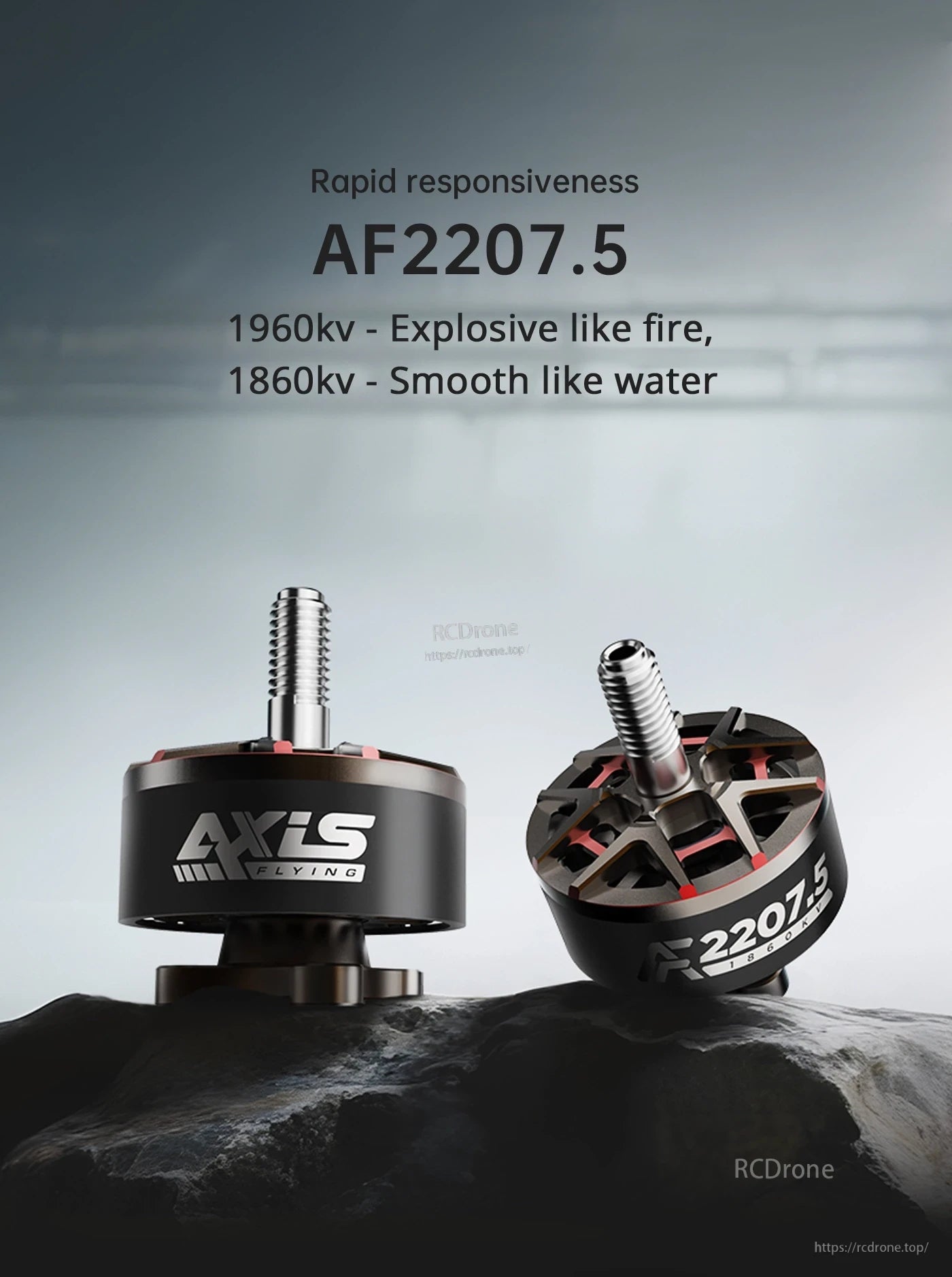Axisflying AF2207.5 FPV Motor, AF2207.5 motor: 1960KV for explosive power, 1860KV for smooth performance, offering rapid responsiveness and versatility in flight dynamics.