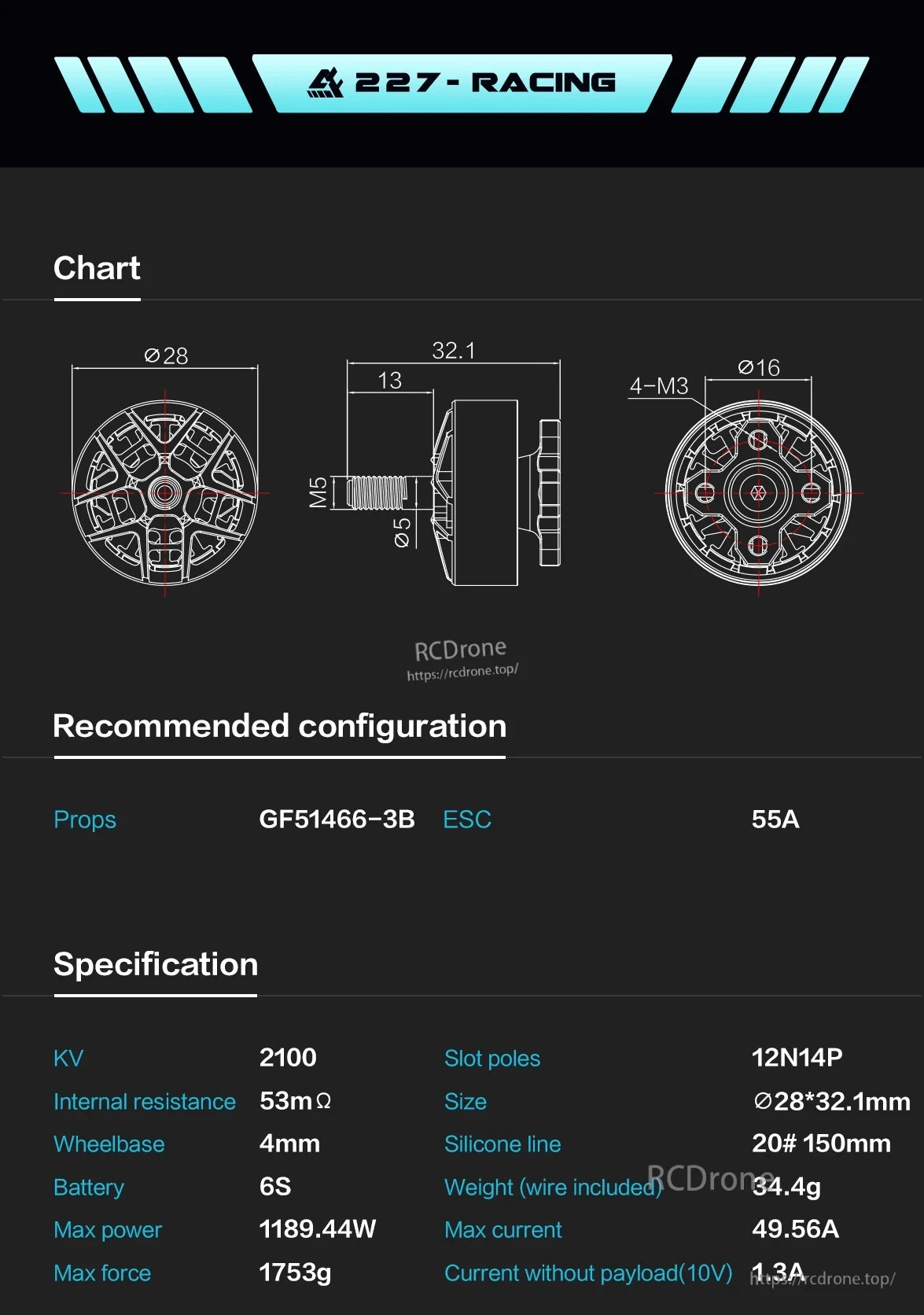 Axisflying AF227 Racing FPV Motor, KV 2100 brushless motor: 34.4g, 28×32.1mm, 1189W, 1753g thrust, 49.56A max current. Ideal for FPV racing with GF51466-3B props and 55A ESC.
