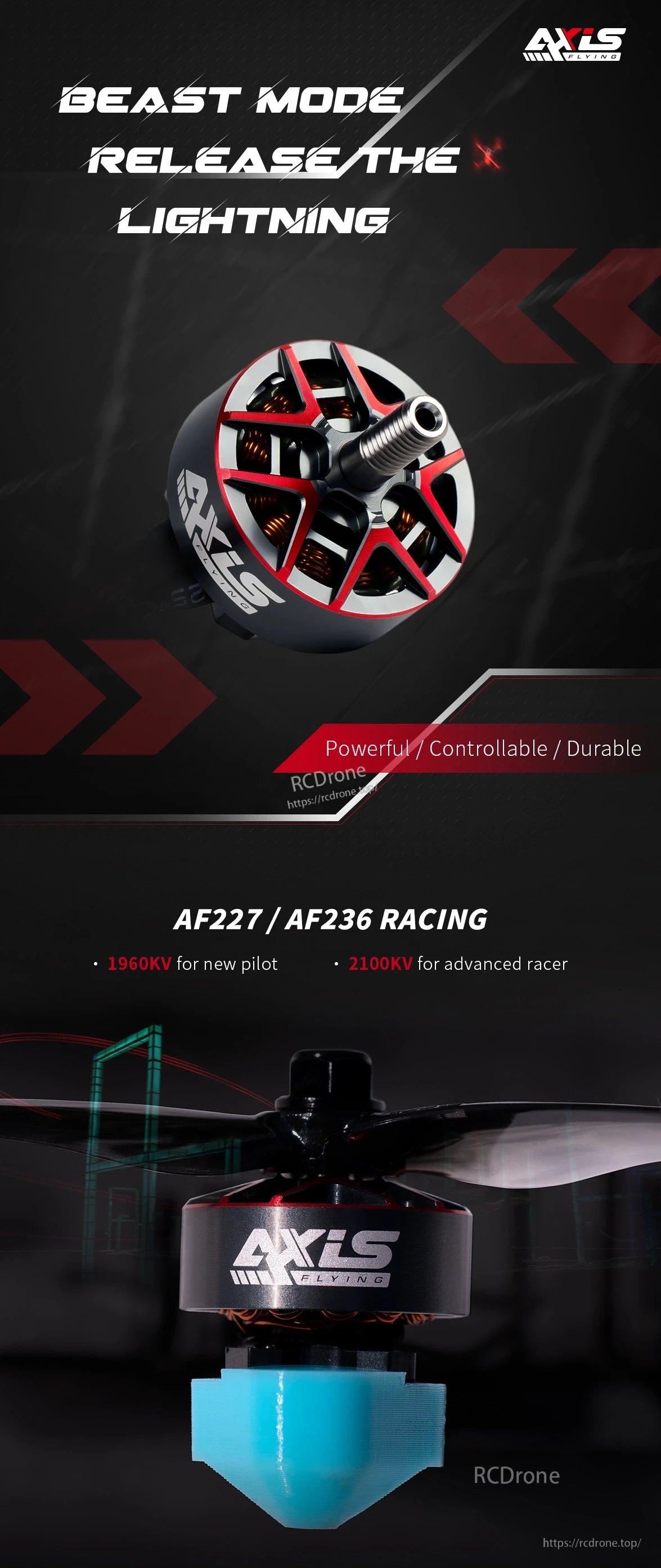 Axisflying AF236 2306 FPV Motor, Beast Mode features AXLS AF227/AF236 racing motors—1960KV for beginners, 2100KV for experts—offering power, control, and durability.