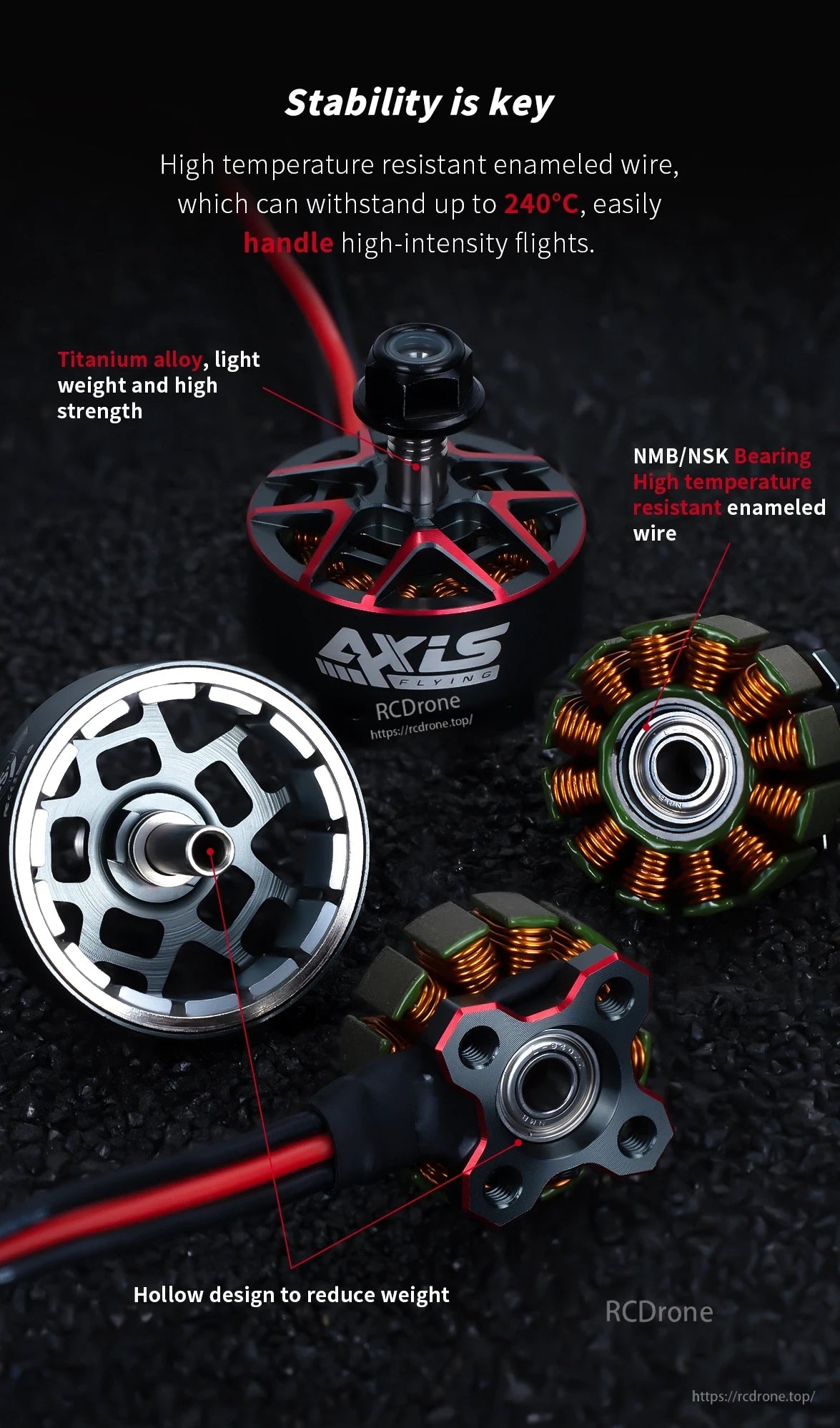 Axisflying AF236 2306 FPV Motor, The AF236 2306 FPV motor features high-temp enameled wire, titanium alloy, NMB/NSK bearings, and a hollow design for stability, light weight, and strength. (24 words)
