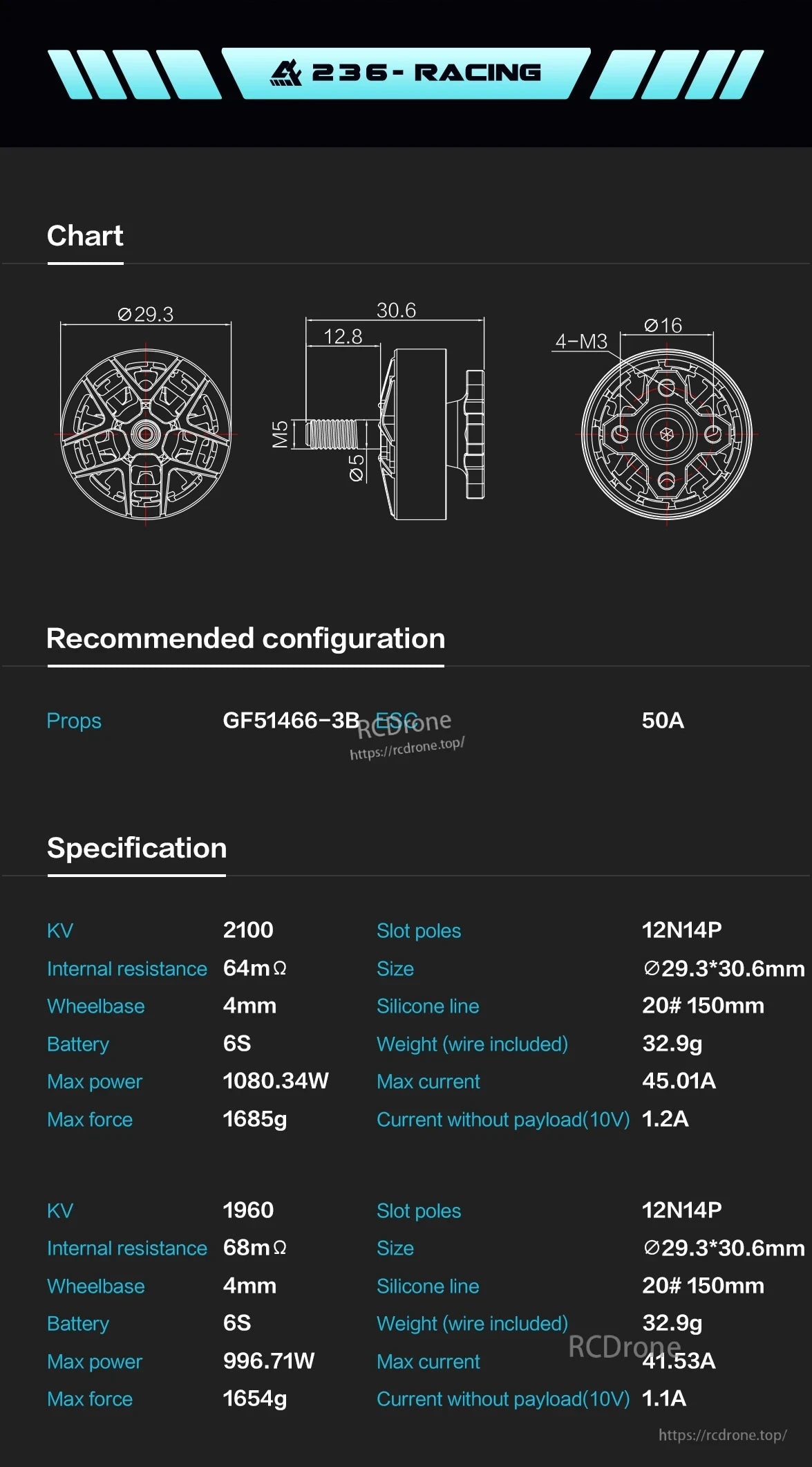 Axisflying AF236 2306 FPV motor: KV 2100/1960, 12N14P, 32.9g, 6S, 1080W max power, 45A current, fits GF51466-3B props, 50A ESC.