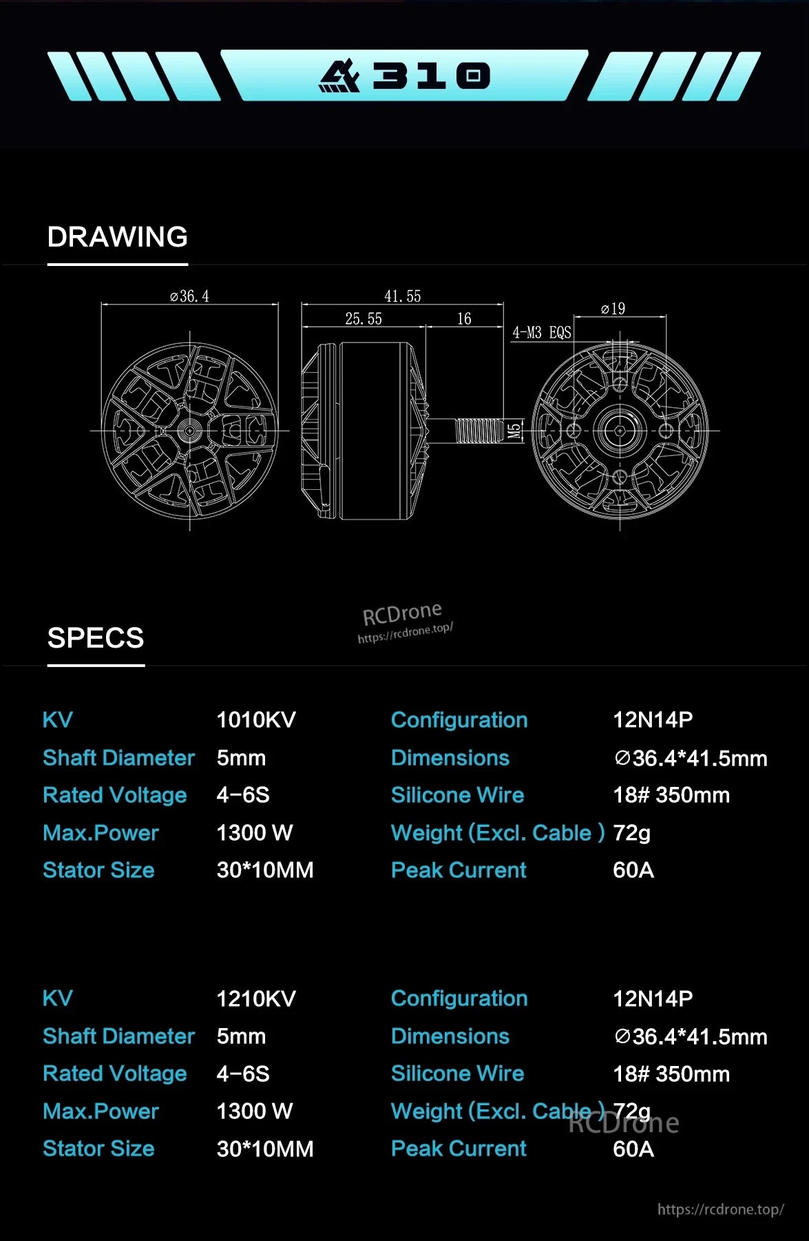 The Axisflying AF310 3010 FPV motor features 1010KV/1210KV, 4-6S compatibility, 1300W power, 72g weight, 60A peak current, and measures Ø36.4×41.5mm with 350mm silicone wires.