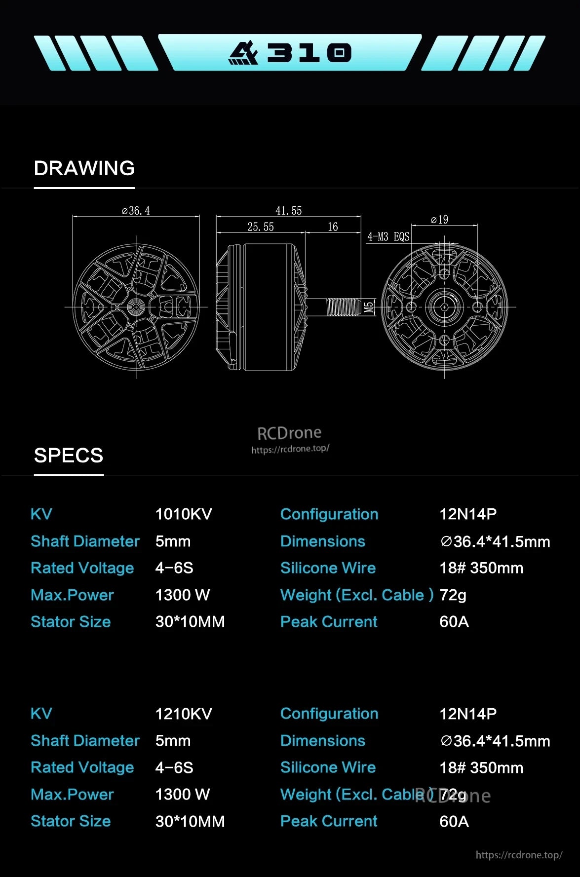 The Axisflying AF310 3010 FPV motor features 1010KV/1210KV, 4–6S voltage, 1300W power, 72g weight, 12N14P design, and 18# silicone wires for high-performance drone use.