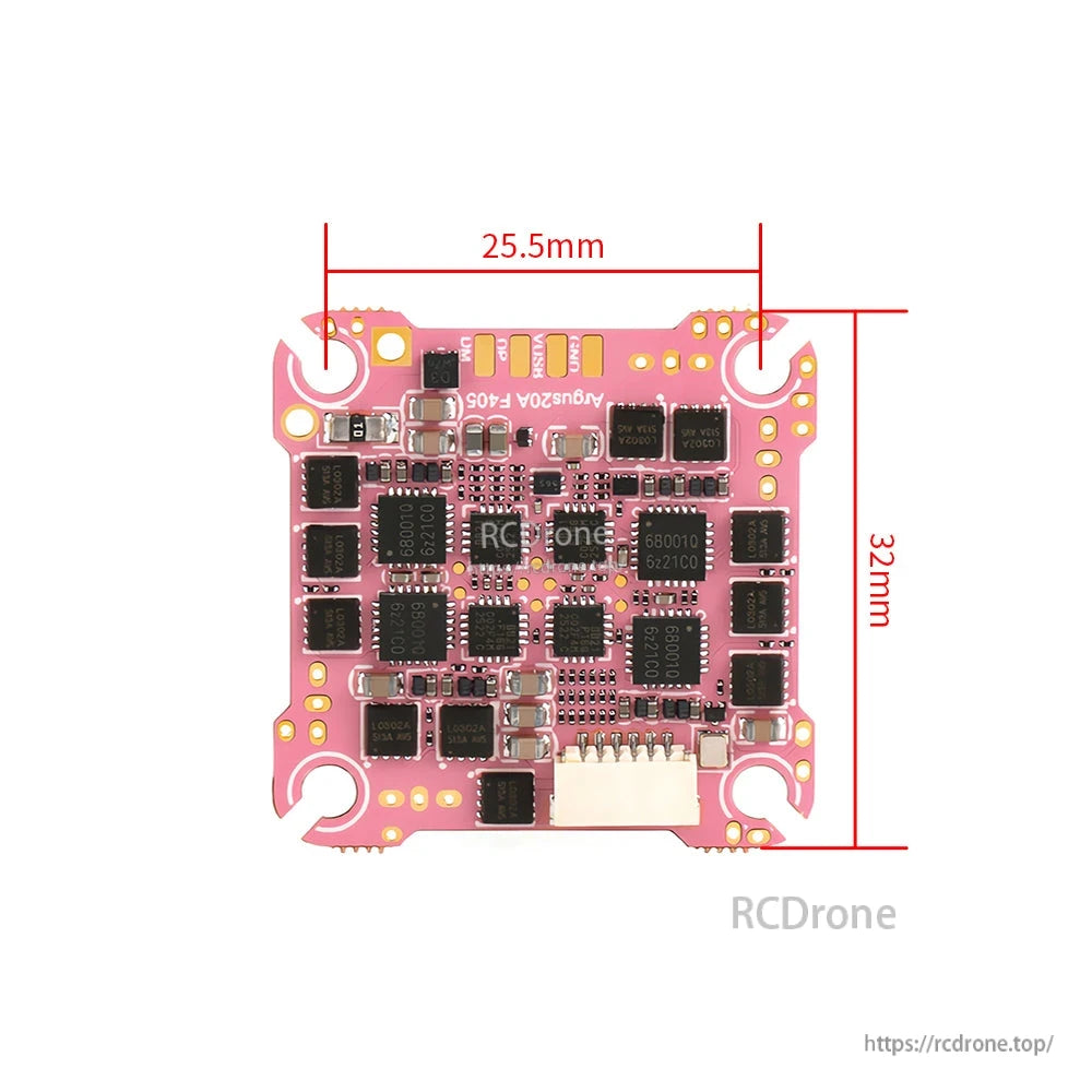 Axisflying ARGUS 20A F405 AIO Flight Controller, Axisflying ARGUS F405 AIO flight controller board, pink PCB with 25.5mm width and 32mm height markings