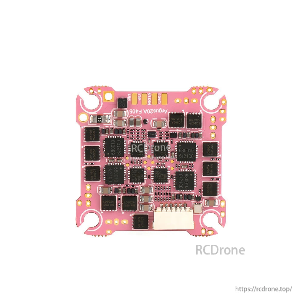 Axisflying ARGUS 20A F405 AIO flight controller board, pink PCB with labeled solder pads and white plug connector