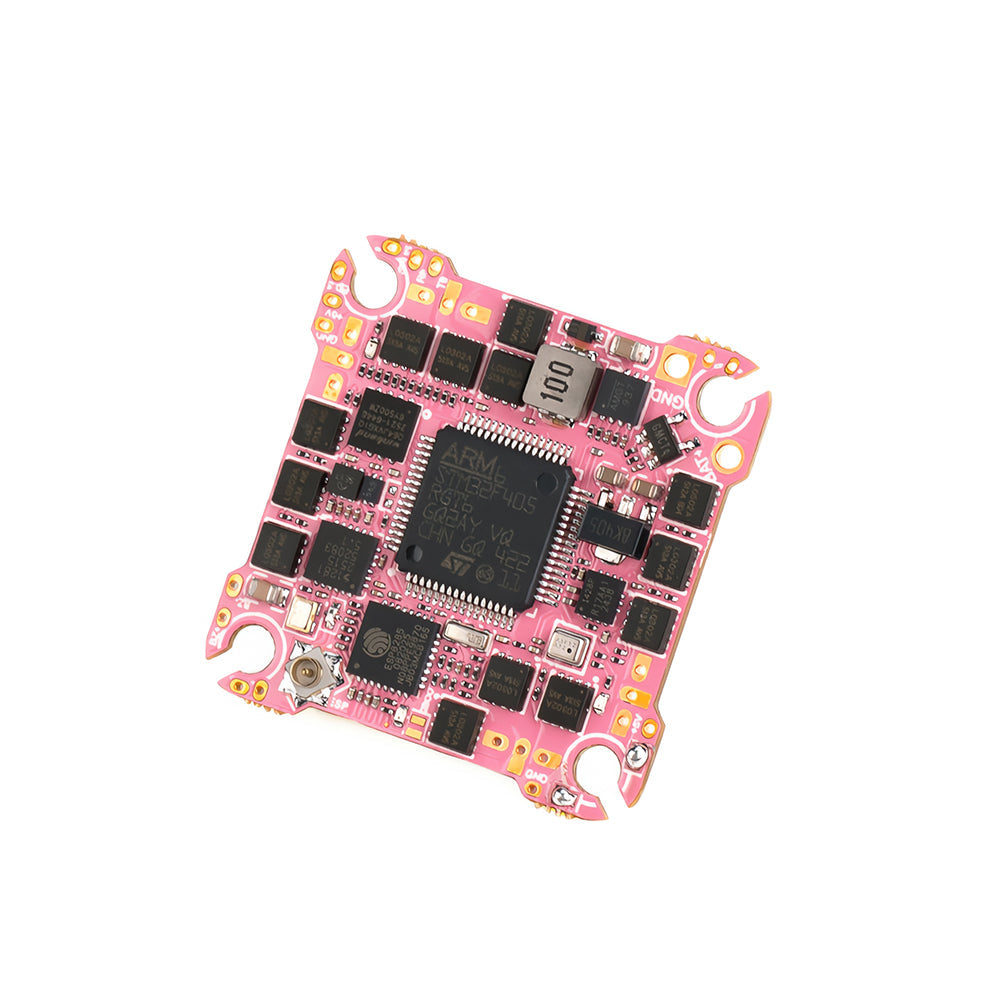 Axisflying ARGUS 20A F405 AIO Flight Controller, Axisflying Argus F405 AIO flight controller board with pink PCB, STM32F405 chip, and corner mounting holes