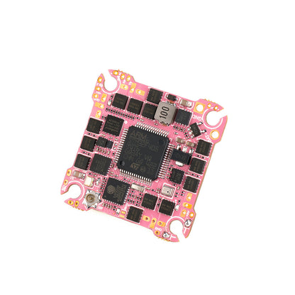Axisflying ARGUS 20A F405 AIO Flight Controller, Axisflying Argus F405 AIO flight controller board with pink PCB, STM32F405 chip, and corner mounting holes