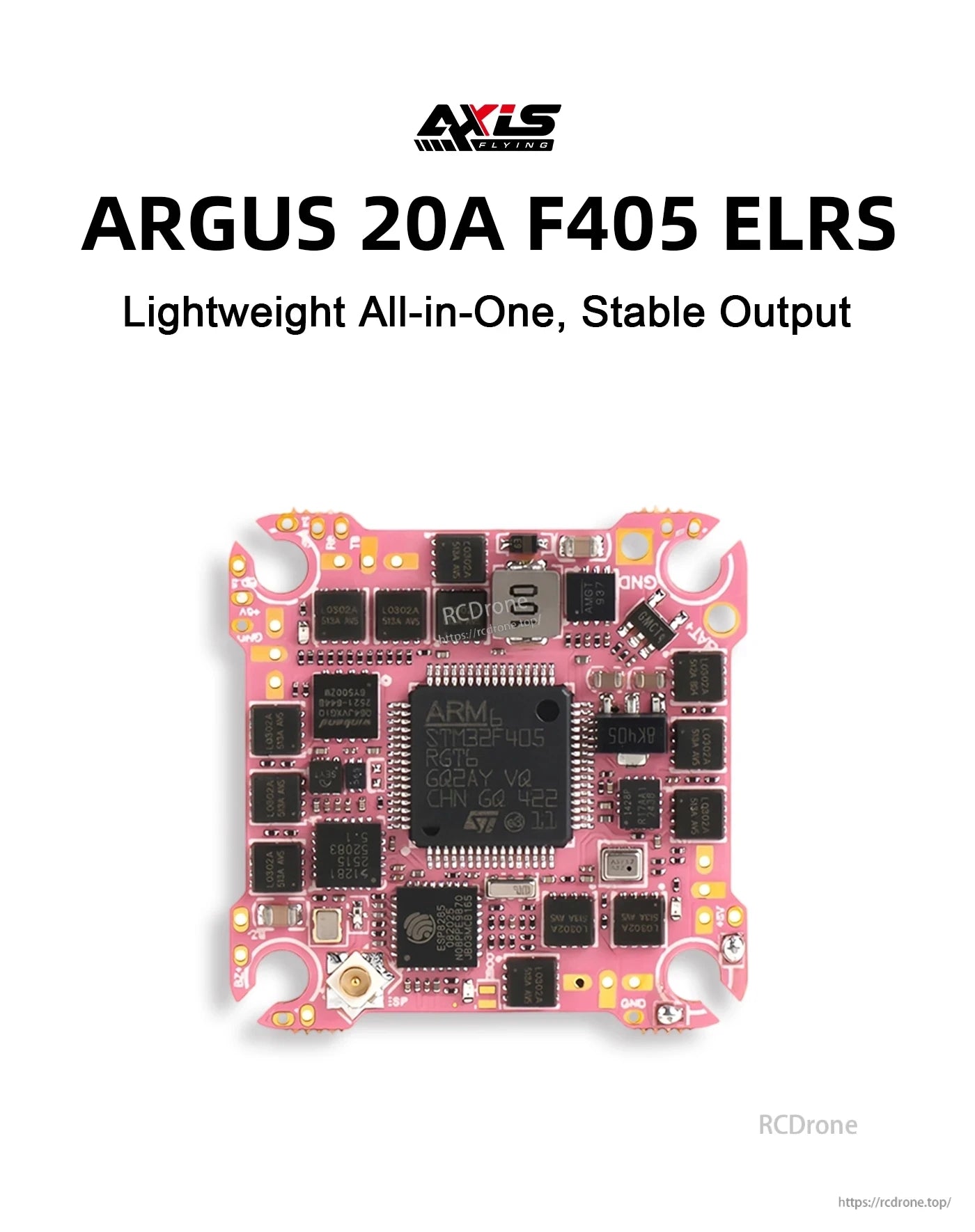 Axisflying ARGUS 20A F405 AIO Flight Controller, Axisflying ARGUS 20A F405 ELRS all-in-one flight controller board with STM32F405 chip on pink PCB