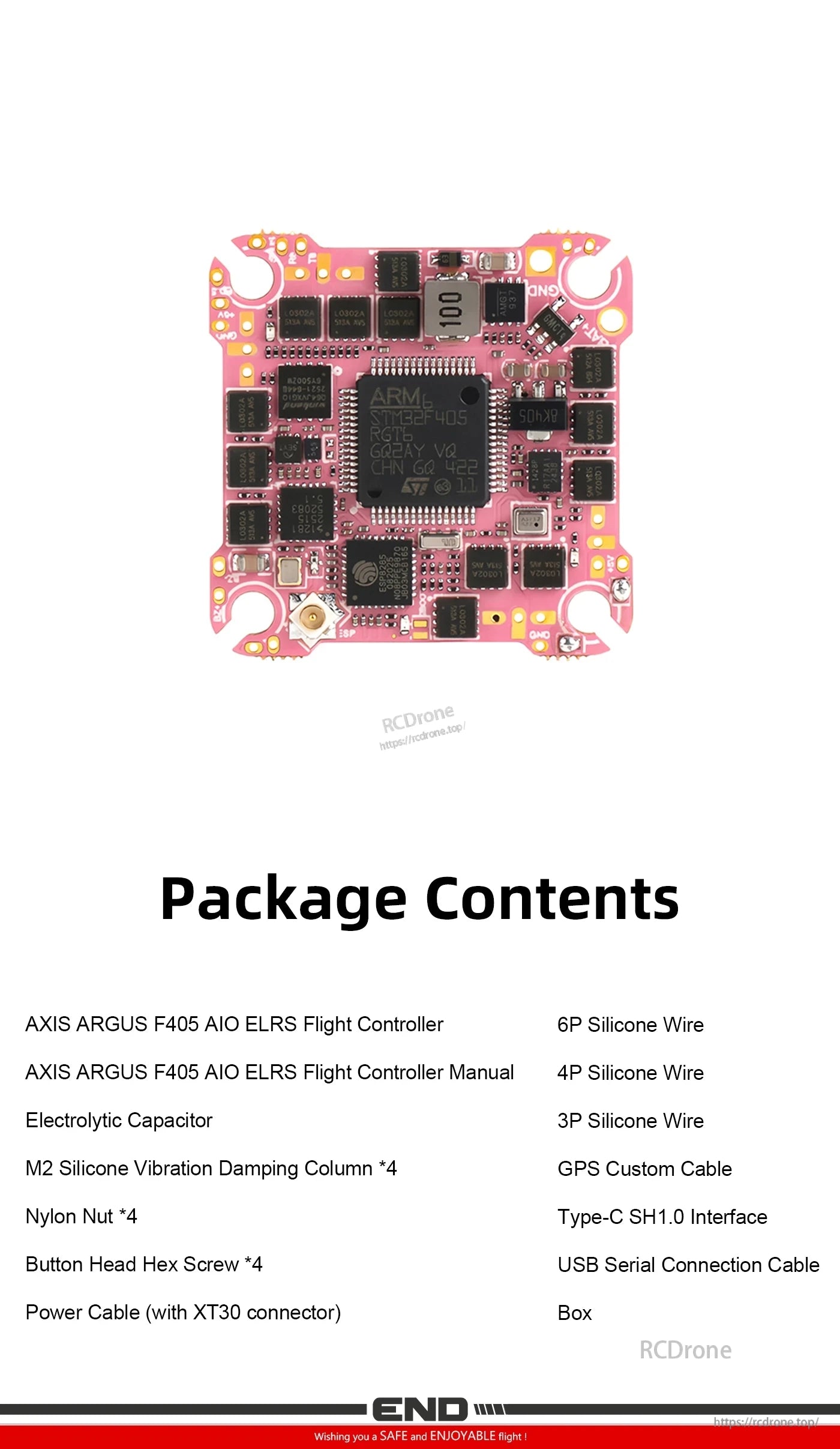 Axisflying ARGUS 20A F405 AIO Flight Controller, Axisflying ARGUS F405 AIO flight controller board with package contents list including XT30 power cable and wires