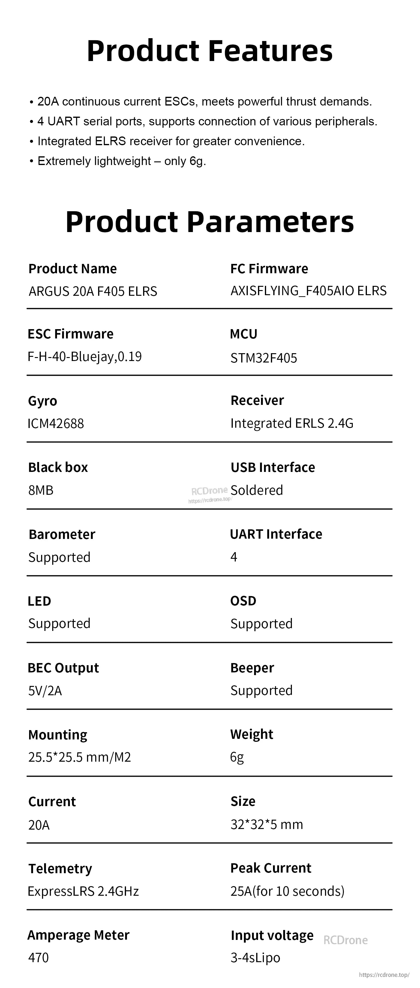 Axisflying ARGUS 20A F405 AIO flight controller spec sheet with STM32F405, integrated ELRS 2.4G and 25.5mm mount