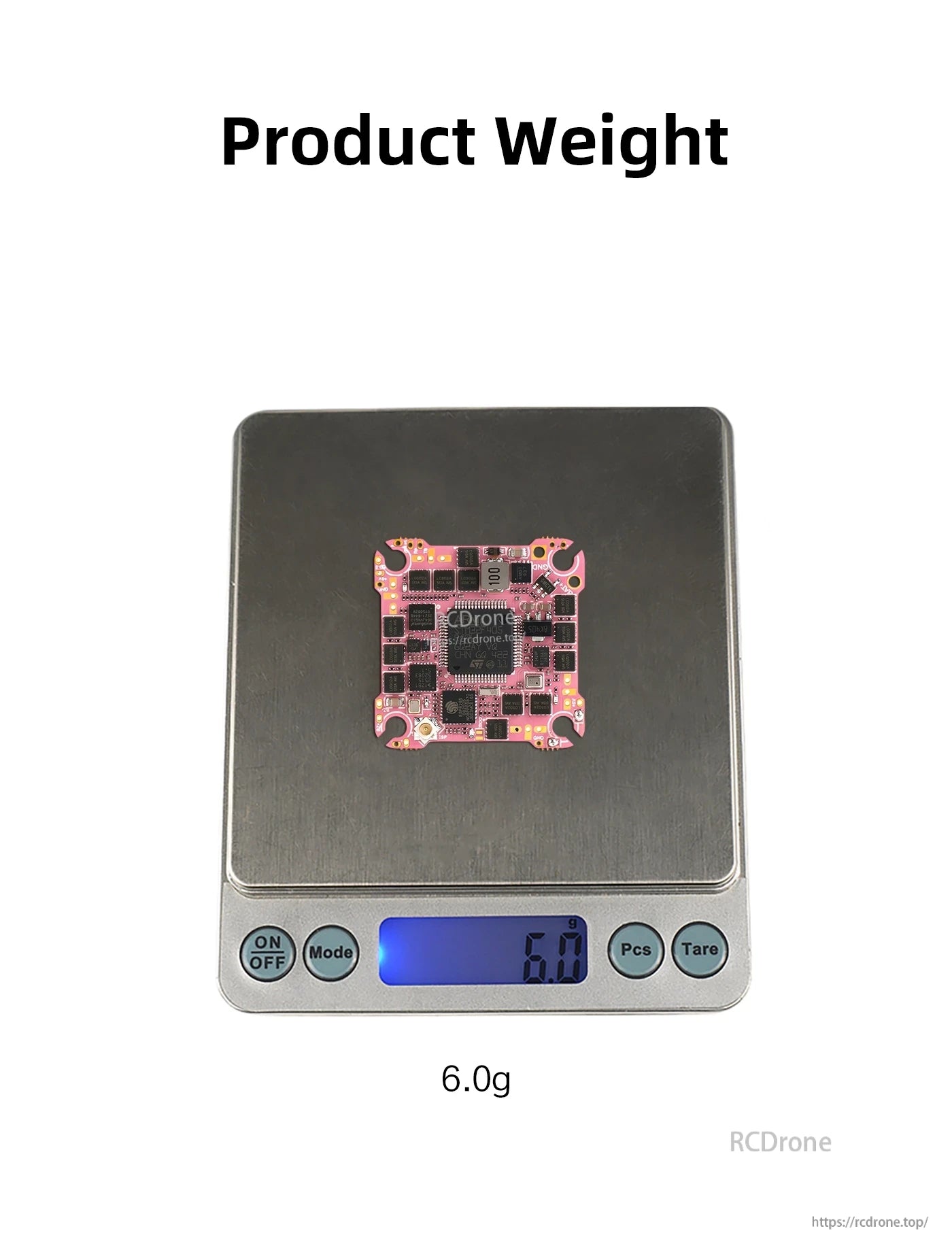 Axisflying ARGUS 20A F405 AIO flight controller board on a digital scale showing 6.0g weight