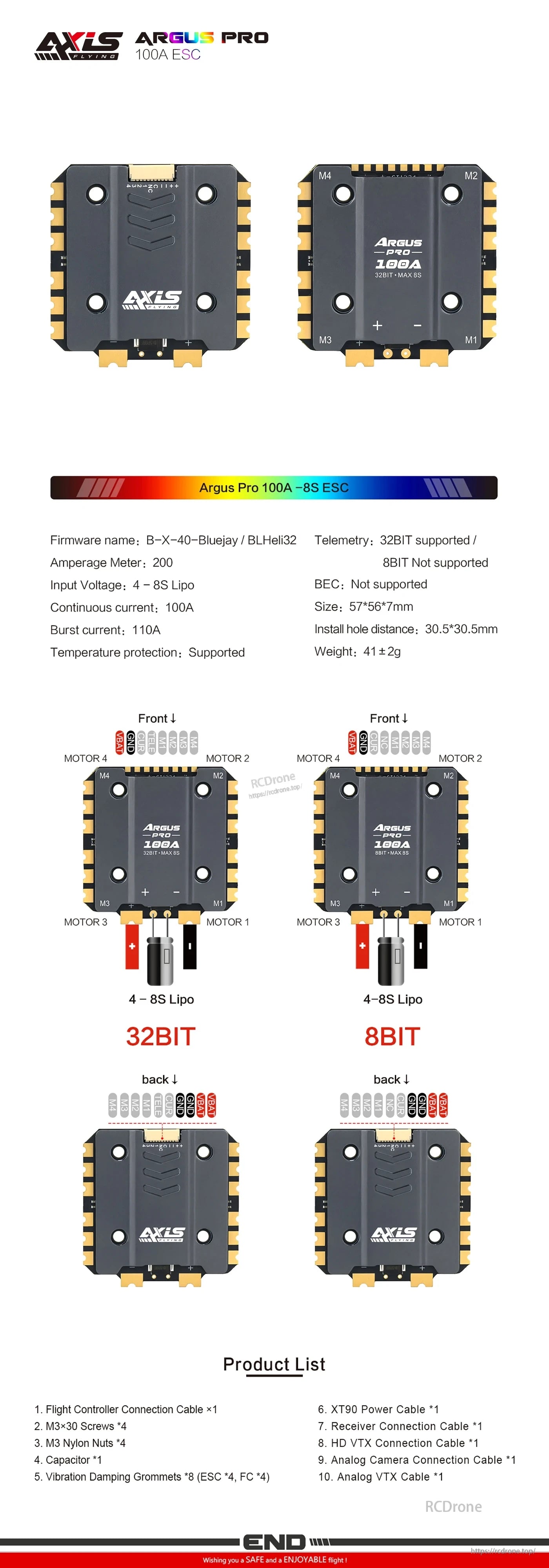 Axisflying Argus Pro 100A ESC: 4-8S LiPo, 100A continuous current, 32-bit firmware, telemetry, temp protection. Includes cables, screws, nuts, capacitor, grommets, and power cables.