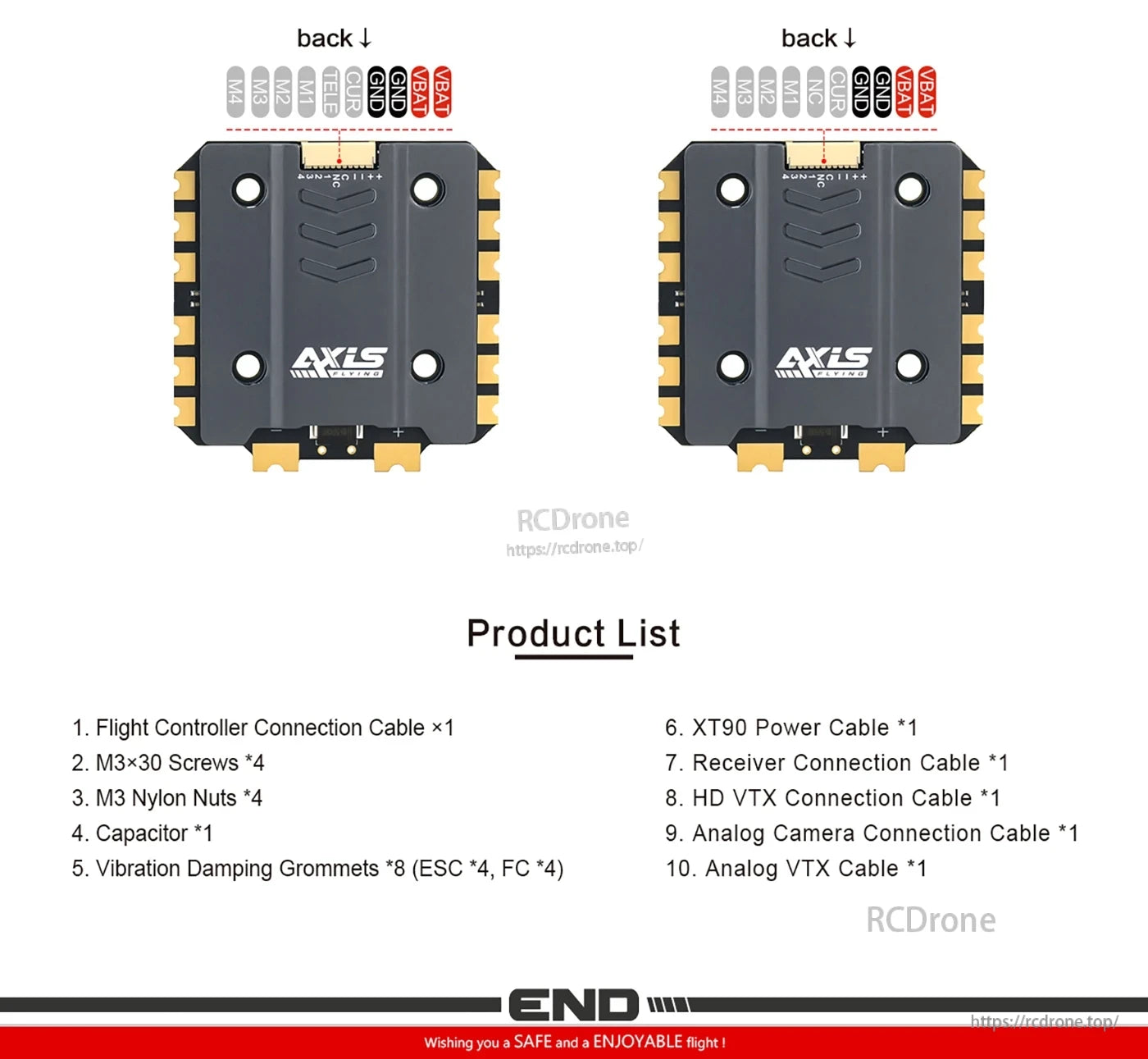 Axisflying ARGUS PRO 100A ESC, Dual-side pin layouts with labeled connections for flight controller, power, receiver, VTX, camera, screws, nuts, capacitor, and dampers ensure secure drone setup.