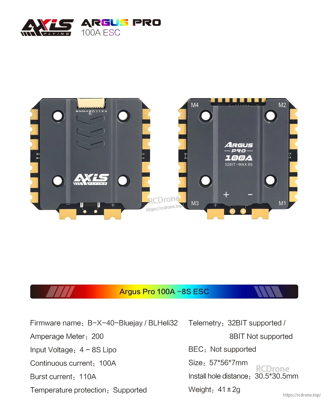 Axisflying ARGUS PRO 100A ESC: 32-bit telemetry, 100A continuous/110A burst, 4-8S LiPo, temp protection, compact 41g design. Compatible with B-X-40-Bluejay and BLHeli32 firmware.
