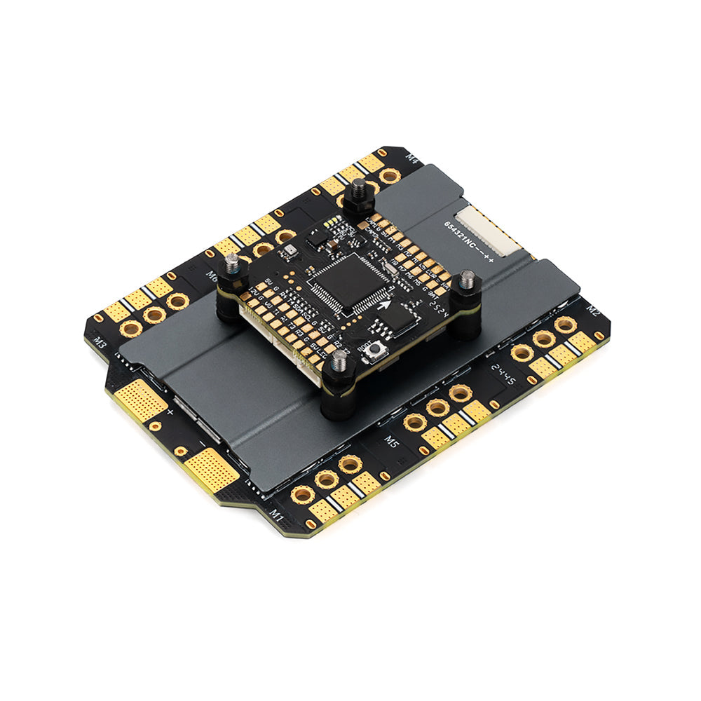 Axisflying ARGUS Pro flight controller and 6-in-1 ESC stack with mounted FC board and motor solder pads