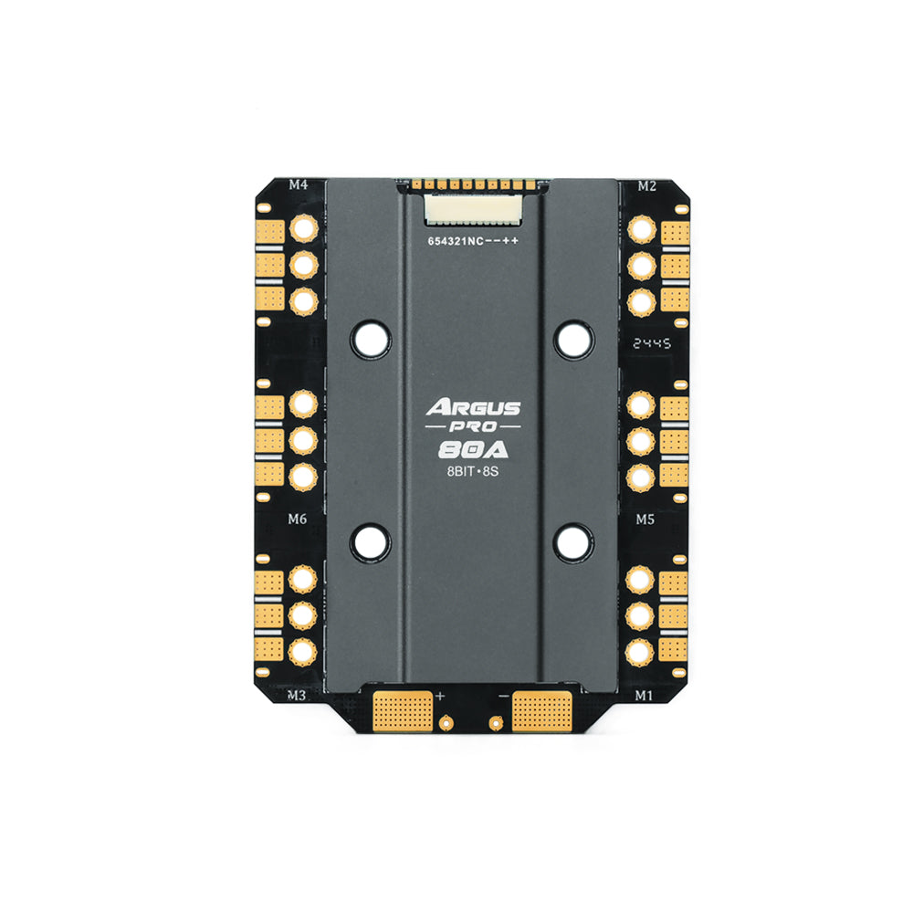 Axisflying Argus Pro 80A 8S 6-in-1 ESC board with labeled M1–M6 motor pads and top connector