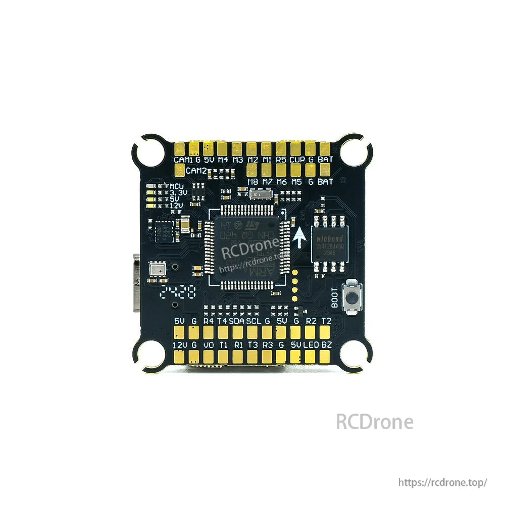 Axisflying ARGUS flight controller board with USB port, BOOT button, and labeled solder pads for camera, UART, and power
