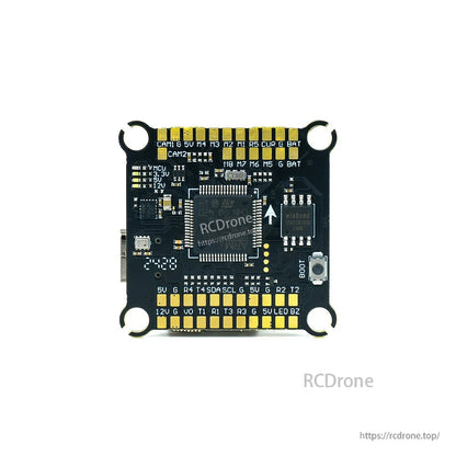 Axisflying ARGUS flight controller board with USB port, BOOT button, and labeled solder pads for camera, UART, and power