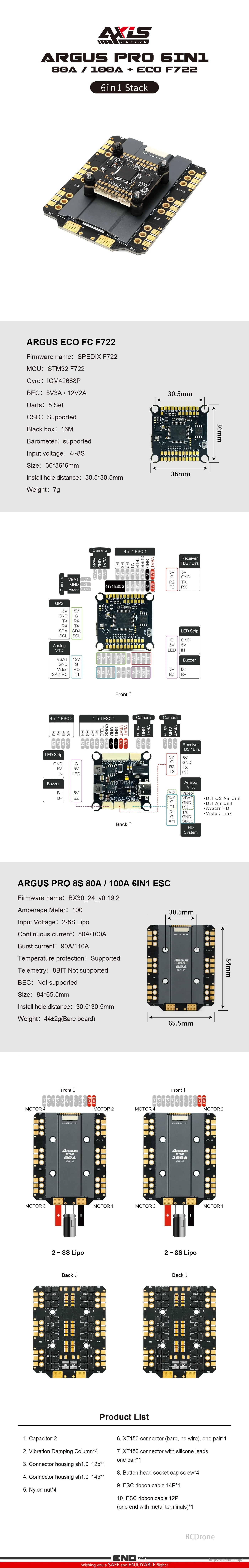 Axisflying Argus Pro 6in1 stack with F722 flight controller and 8S 80A/100A 6-in-1 ESC, pinout shown