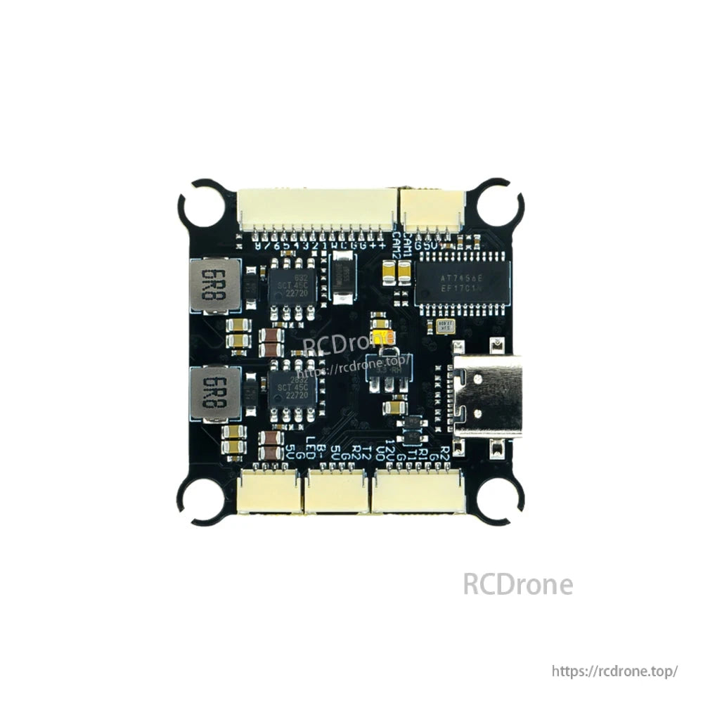 Axisflying ARGUS flight controller PCB with USB-C port, multiple JST connectors, and corner mounting holes