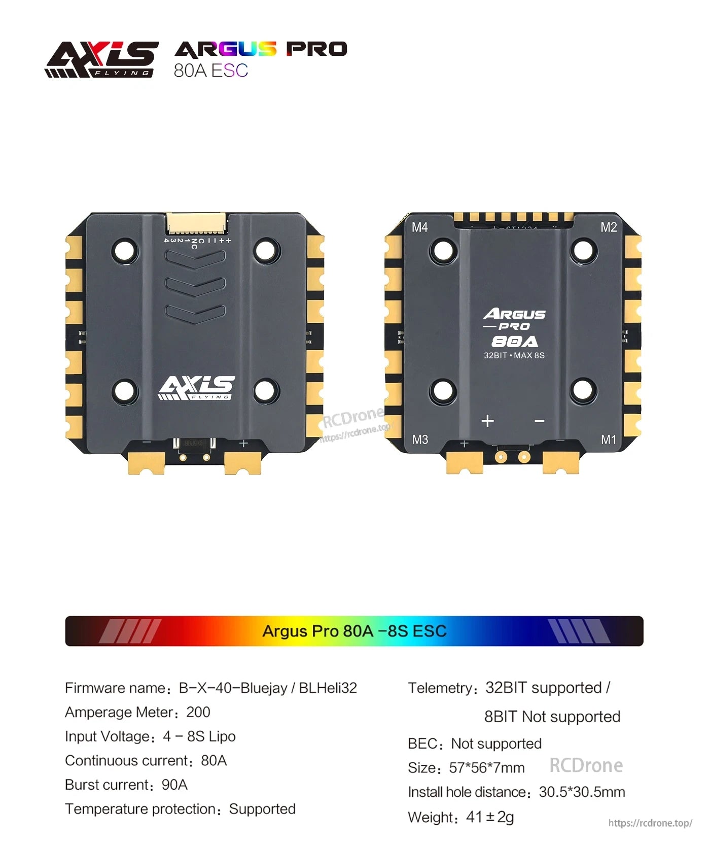 Axisflying ARGUS PRO 80A ESC, Axis Flying Argus Pro 80A ESC: 32-bit, 4-8S LiPo, 80A continuous, 90A burst, temp protection, B-X-40/BLHeli32 firmware, 57×56×7mm, 41±2g.