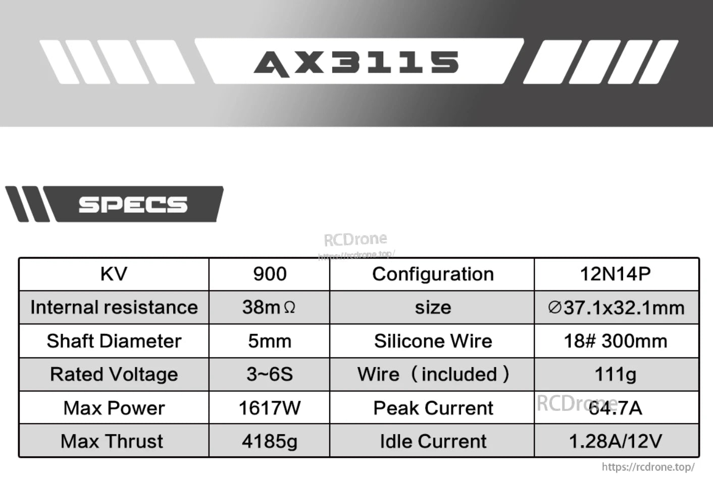 Axisflying AX3115 900KV Brushless Motor, AX3115 900KV brushless motor: 12N14P, 38mΩ, 5mm shaft, 3-6S, 1617W max power, 4185g thrust, 64.7A peak, 111g weight.