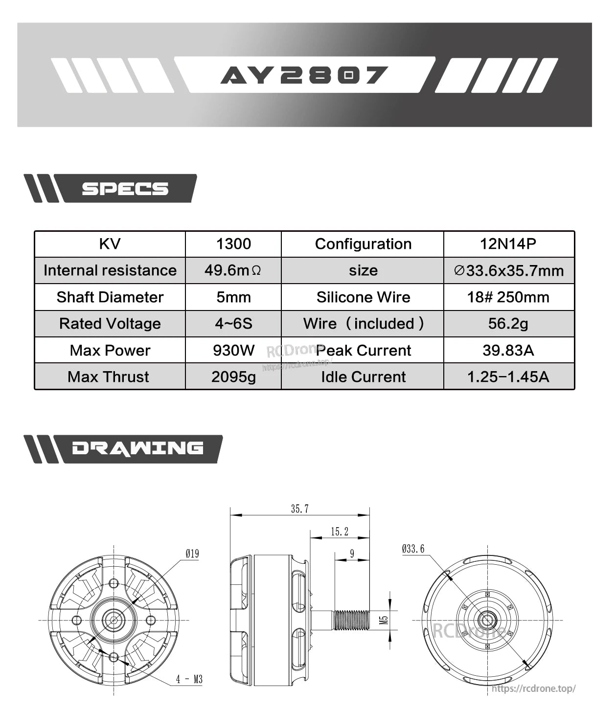 Axisflying AY2807 1300KV FPV Motor, AY2807 motor: 1300KV, 12N14P, 33.6x35.7mm, 5mm shaft, 49.6mΩ, 250mm wires, 4–6S, 930W, 2095g thrust, 39.83A peak, M3/M5 mounts.