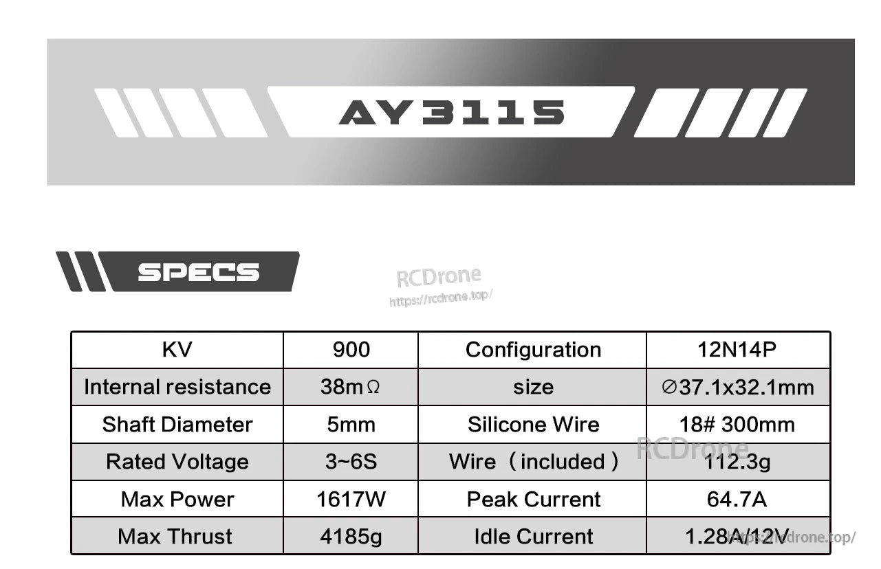 Axisflying AY3115 900KV FPV motor: 12N14P, 38mΩ, 5mm shaft, 3-6S, 1617W power, 4185g thrust, 64.7A peak, 1.28A idle at 12V.