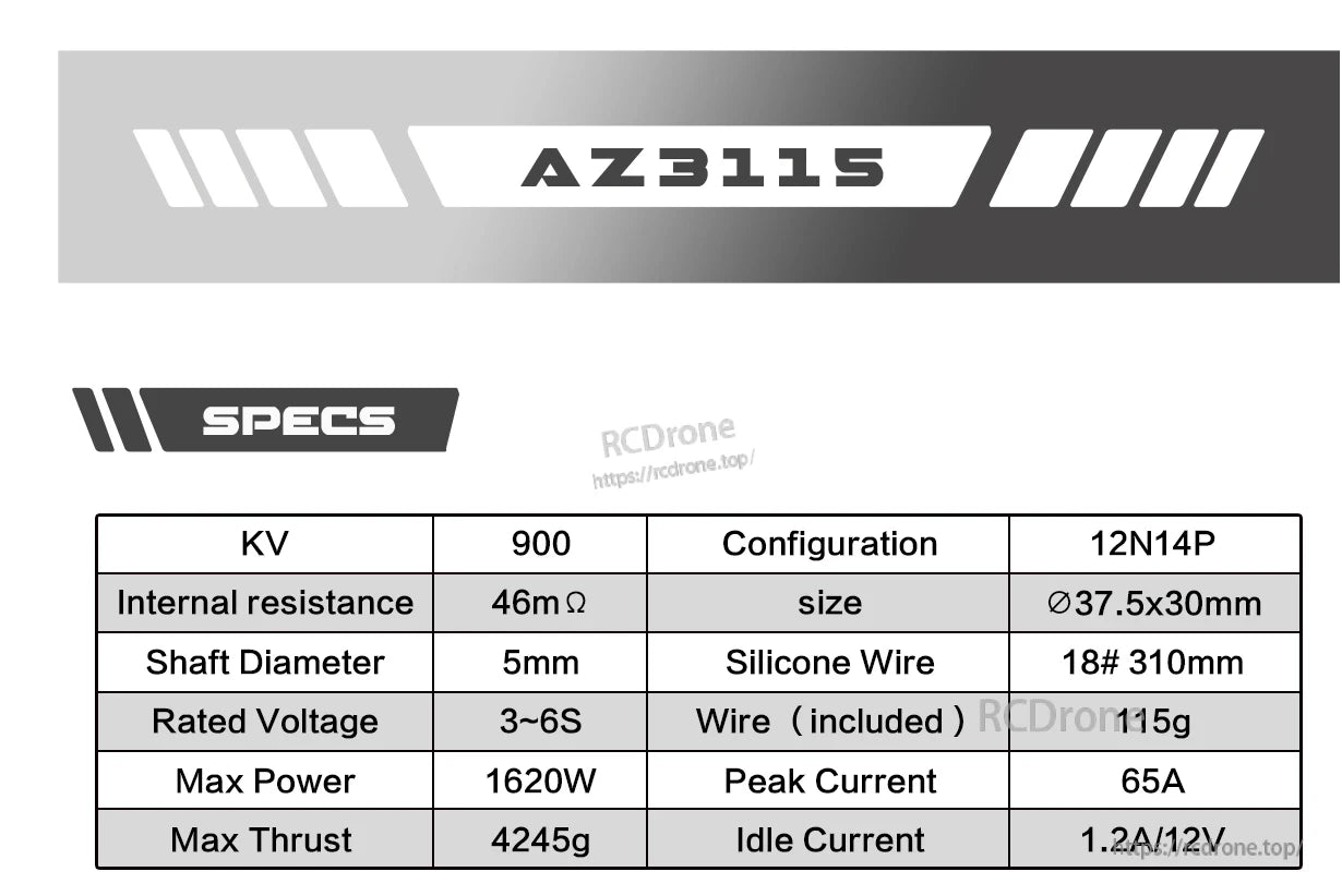 Axisflying AZ3115 900KV FPV motor: 12N14P, 37.5x30mm, 5mm shaft, 3-6S, 1620W, 4245g thrust, 65A peak, 46mΩ, 18# silicone wires, 115g.
