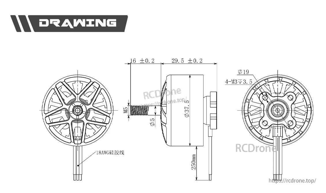 Axisflying AZ3115 900KV FPV motor specs: M5 thread, 18AWG silicone wires, mounting holes, and detailed dimensions included.