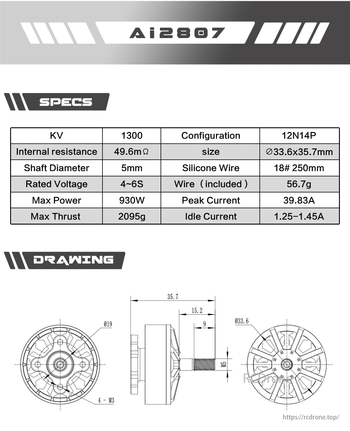 Axisflying Ai2807 1300KV 4–6S Brushless Motor, Axisflying Ai2807 motor features 12N14P, 49.6mΩ, 5mm shaft, Ø33.6x35.7mm size, 930W power, 2095g thrust, and weighs 56.7g. Ideal for high-performance drones.