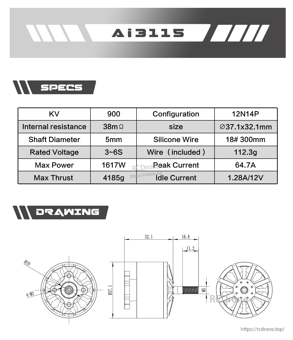 Axisflying Ai3115 900KV Brushless FPV Motor, Axisflying Ai3115 900KV brushless motor: 12N14P, 38mΩ, 5mm shaft, 3–6S, 1617W, 4185g thrust, 64.7A peak, 1.28A idle, 112.3g, compact high-performance FPV power.