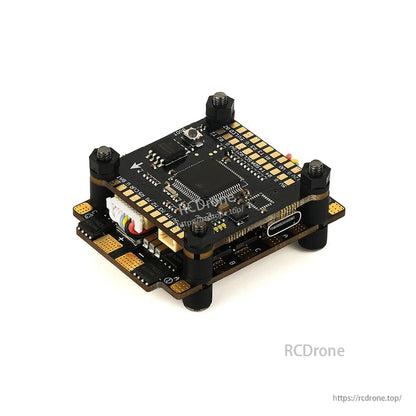 Axisflying Argus ECO 55A ESC, F405 FC stack with ICM42688 sensor, 16MB Blackbox, and 6 UART ports—compact, high-performance drone flight system.