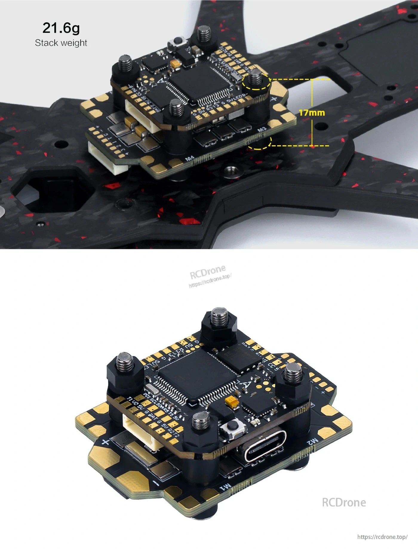 The Axisflying Argus Mini F7 FC is a compact 21.6g flight controller stack with 17mm dimensions, designed for lightweight drone builds.