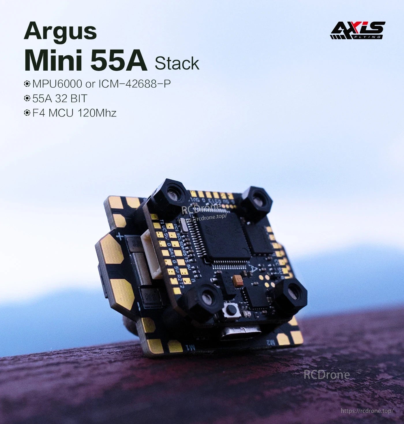 Axisflying Argus Mini F7 FC, Argus Mini 55A Stack features MPU6000 or ICM-42688-P gyro, 55A 32-bit ESC, and F4 MCU running at 120MHz for high-performance drone flight control.