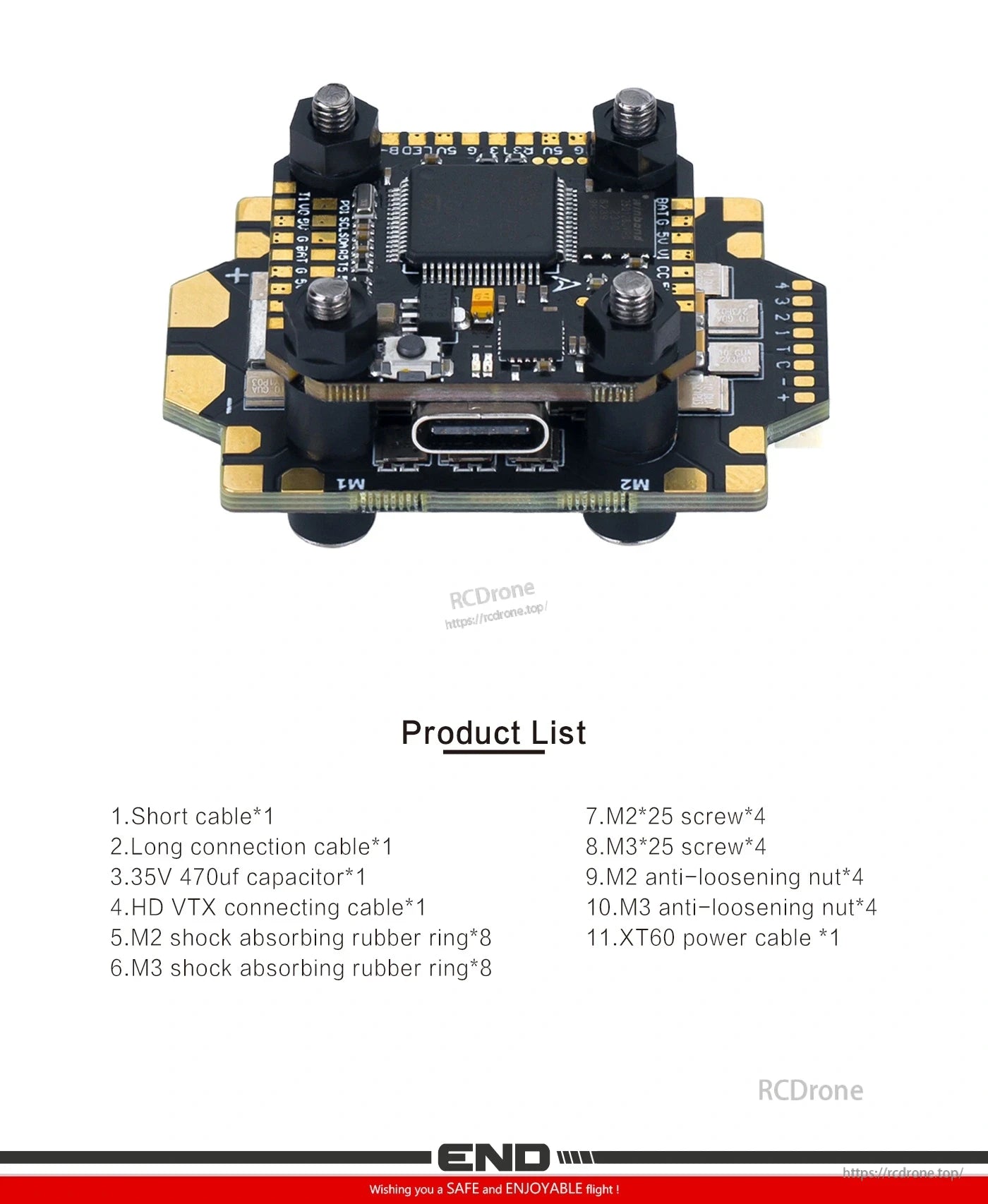 Axisflying Argus Mini F7 FC, Compact F7 flight controller with USB-C, gold-plated connectors, rubber shock rings, and included mounting hardware, cables, capacitor, and power cable for easy assembly.