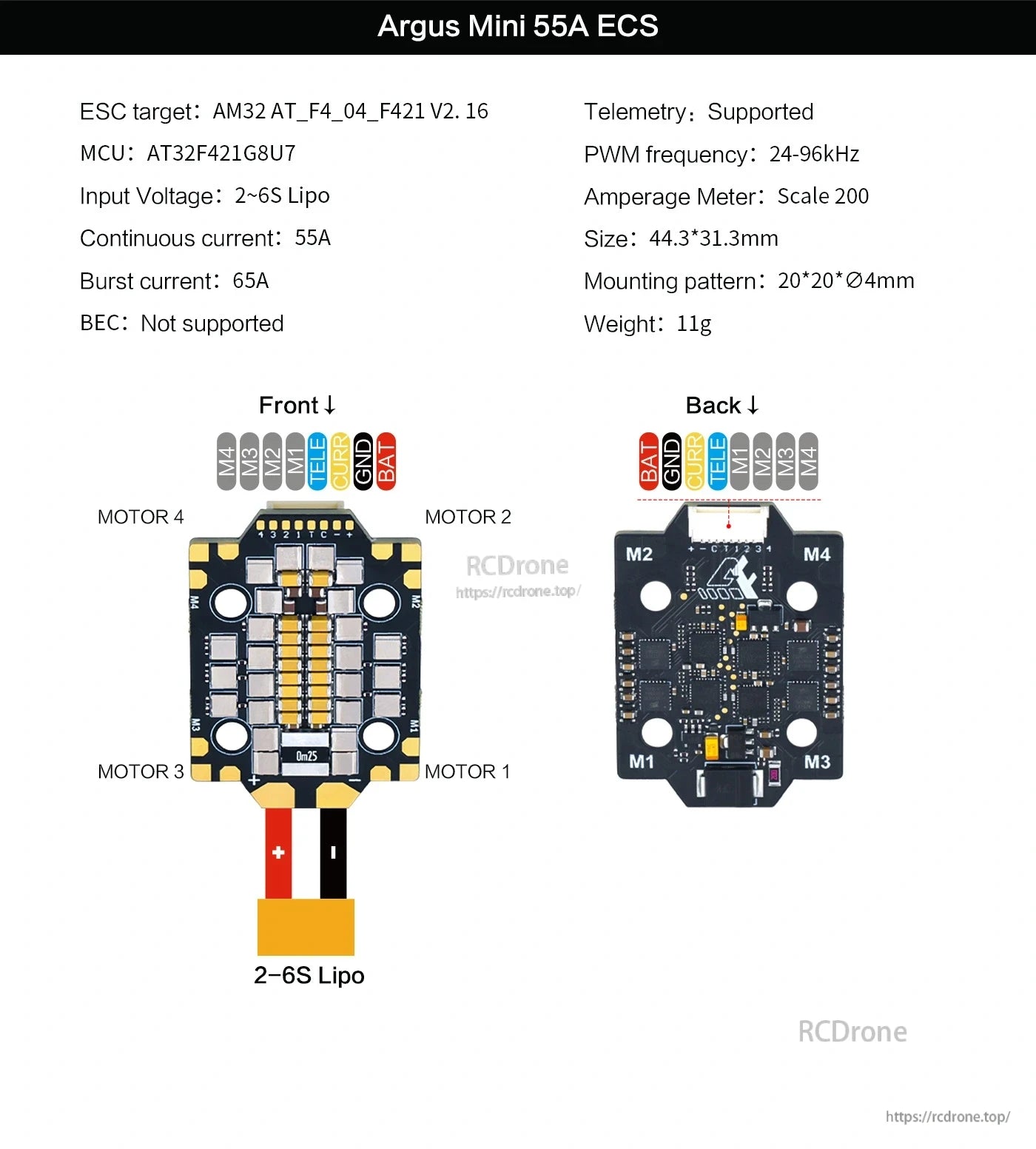 Axisflying Argus Mini F7 FC, Argus Mini 55A ESC: 2-6S LiPo, 55A continuous, telemetry, 24-96kHz PWM, AT32F421G8U7 MCU, 44.3×31.3mm, 11g, 20×20×Ø4mm mount, no BEC.