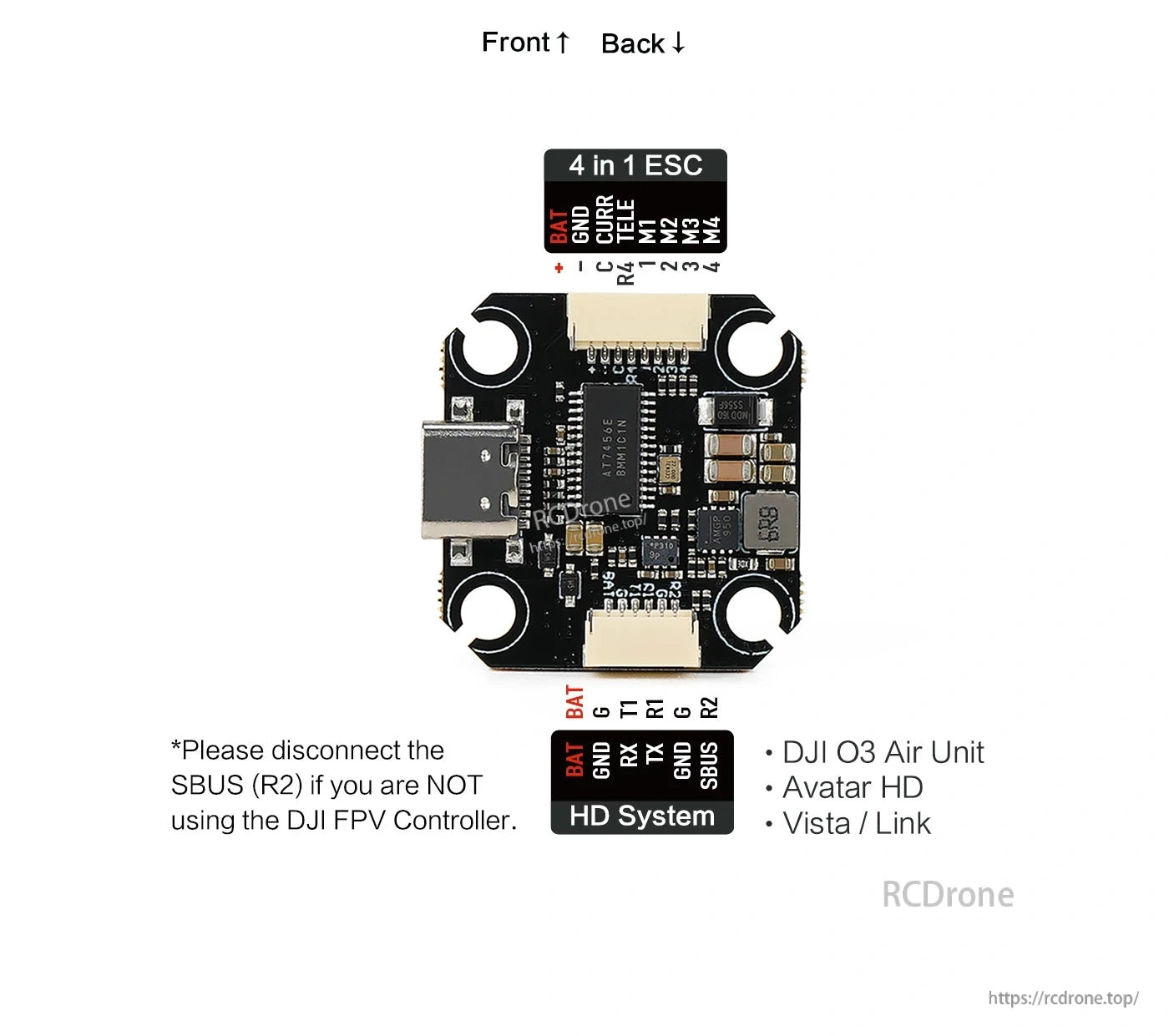 Axisflying Argus Mini F7 FC, Argus Mini F7 FC integrates 4-in-1 ESC and HD ports, supports DJI O3, Avatar HD, Vista/Link; disconnect SBUS if not using DJI FPV Controller. (24 words)