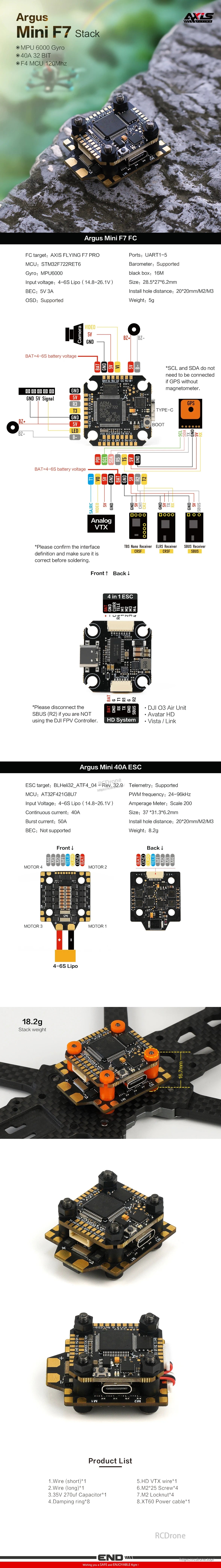 Axisflying Argus Mini F7, Compact FPV drone controller with MPU6000 gyro, 40A ESC, F4 processor; supports 4-6S LiPo, GPS, telemetry; includes FC, VTX, detailed wiring specs.