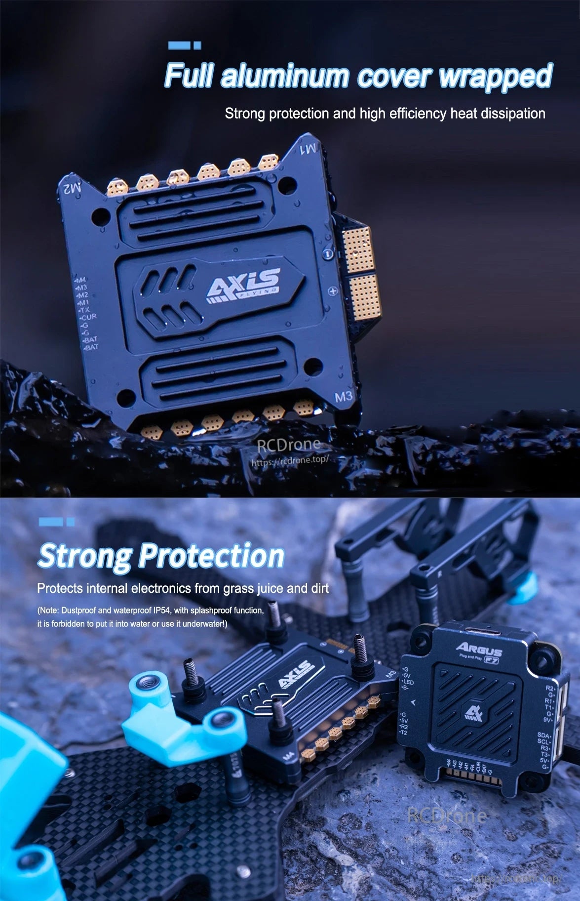 The Axisflying Argus PRO 4-in-1 ESC features an aluminum cover for protection and cooling, IP54-rated durability against dust and splashes, clear labeling, and reliable performance in tough conditions.