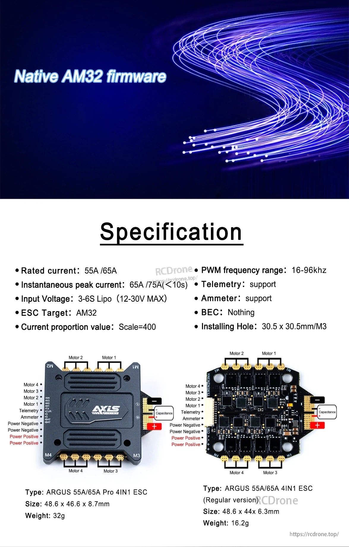 Axisflying Argus PRO 4-in-1 ESC: 55A/65A, 3-6S LiPo, AM32 firmware, telemetry, BEC, PWM 16–96kHz, 48.6×46.6×8.7mm, 32g.