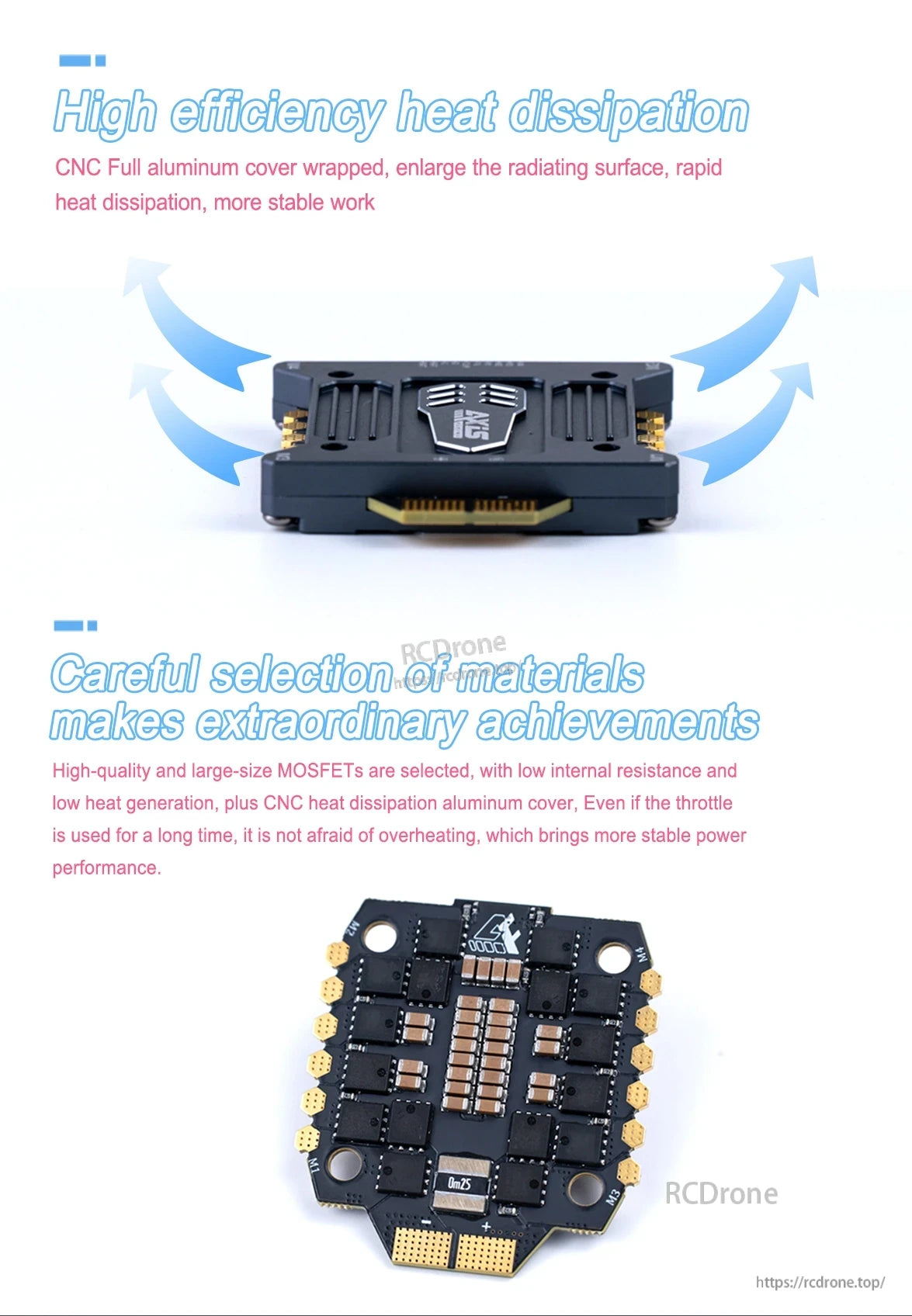 Axisflying Argus PRO drone ESC with CNC aluminum cover and exposed MOSFET board layout for heat dissipation