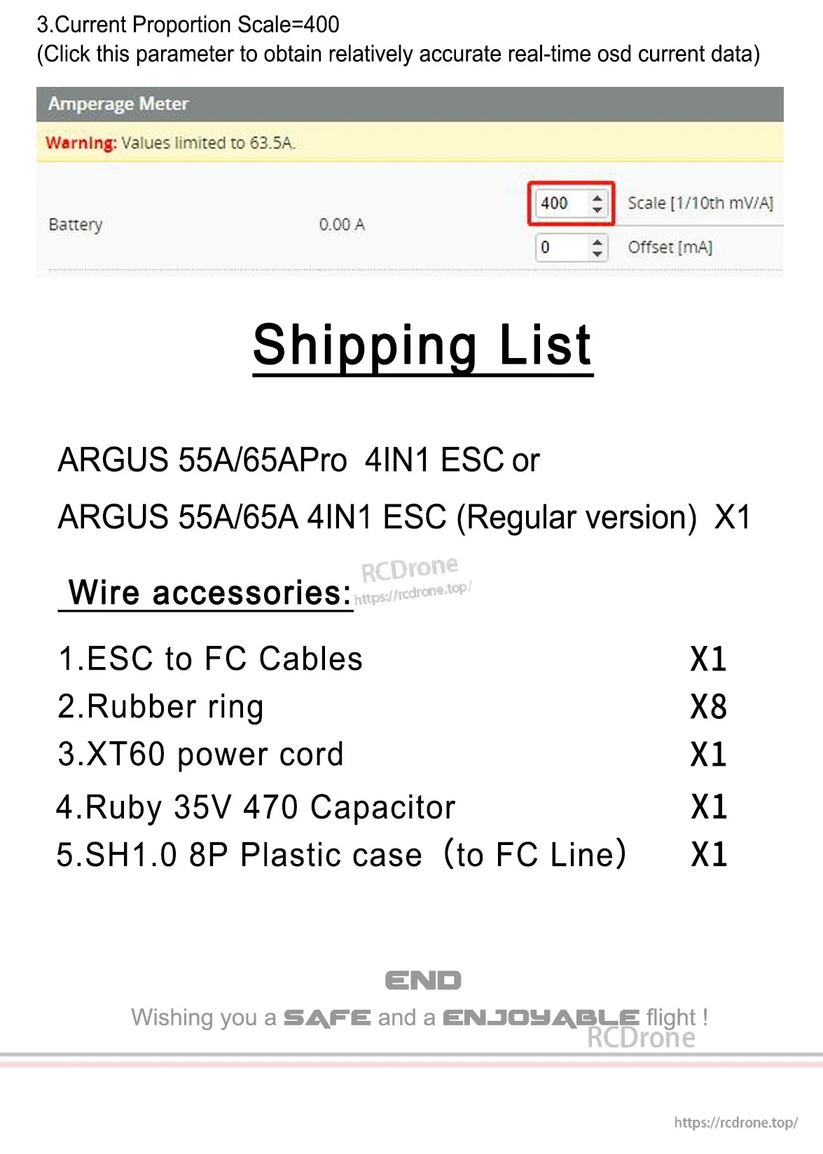 Shipping list for Axisflying Argus 55A/65A Pro 4-in-1 ESC kit with cables, XT60 lead, 35V 470 capacitor and rings