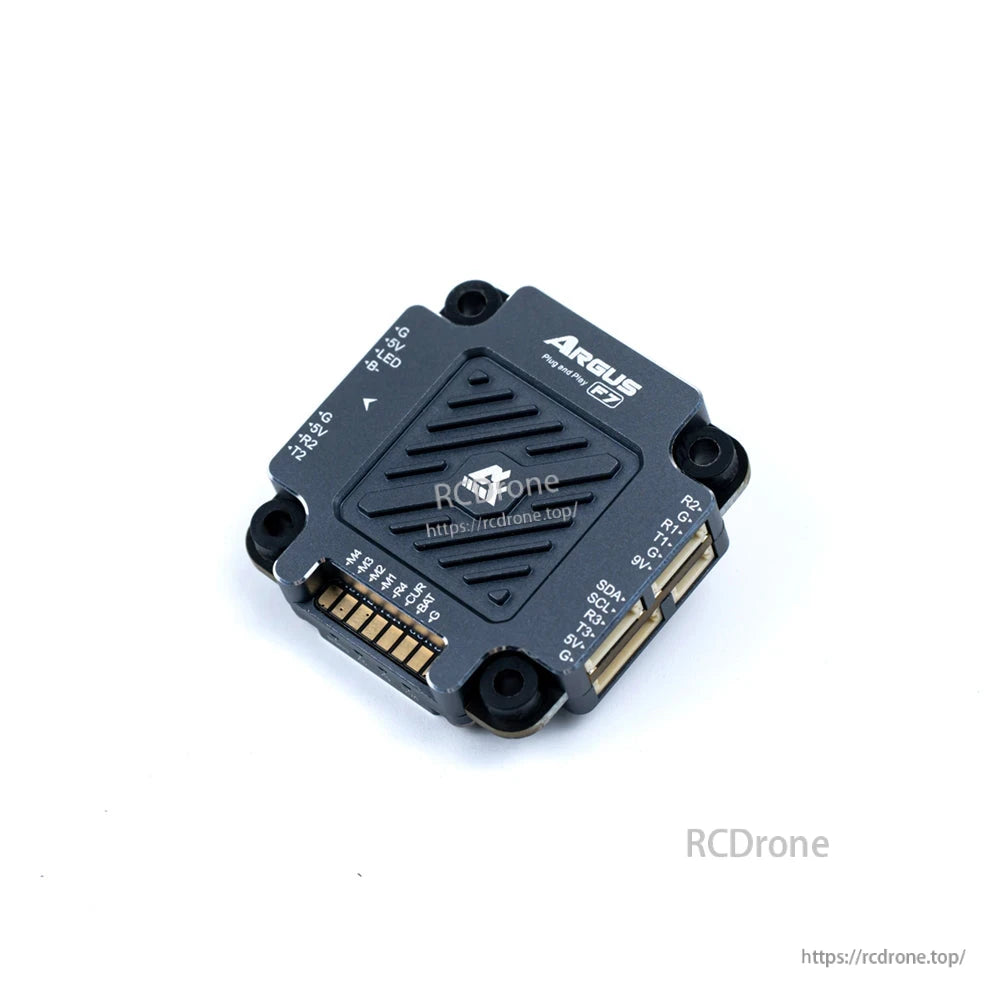 Argus F7 flight controller features STM32F722, 4 UARTs, dual BEC (5V/9V), X8 PWM, 16MB Blackbox, and plug-and-play design for easy installation.