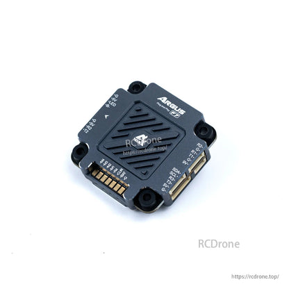 Argus F7 flight controller features STM32F722, 4 UARTs, dual BEC (5V/9V), X8 PWM, 16MB Blackbox, and plug-and-play design for easy installation.