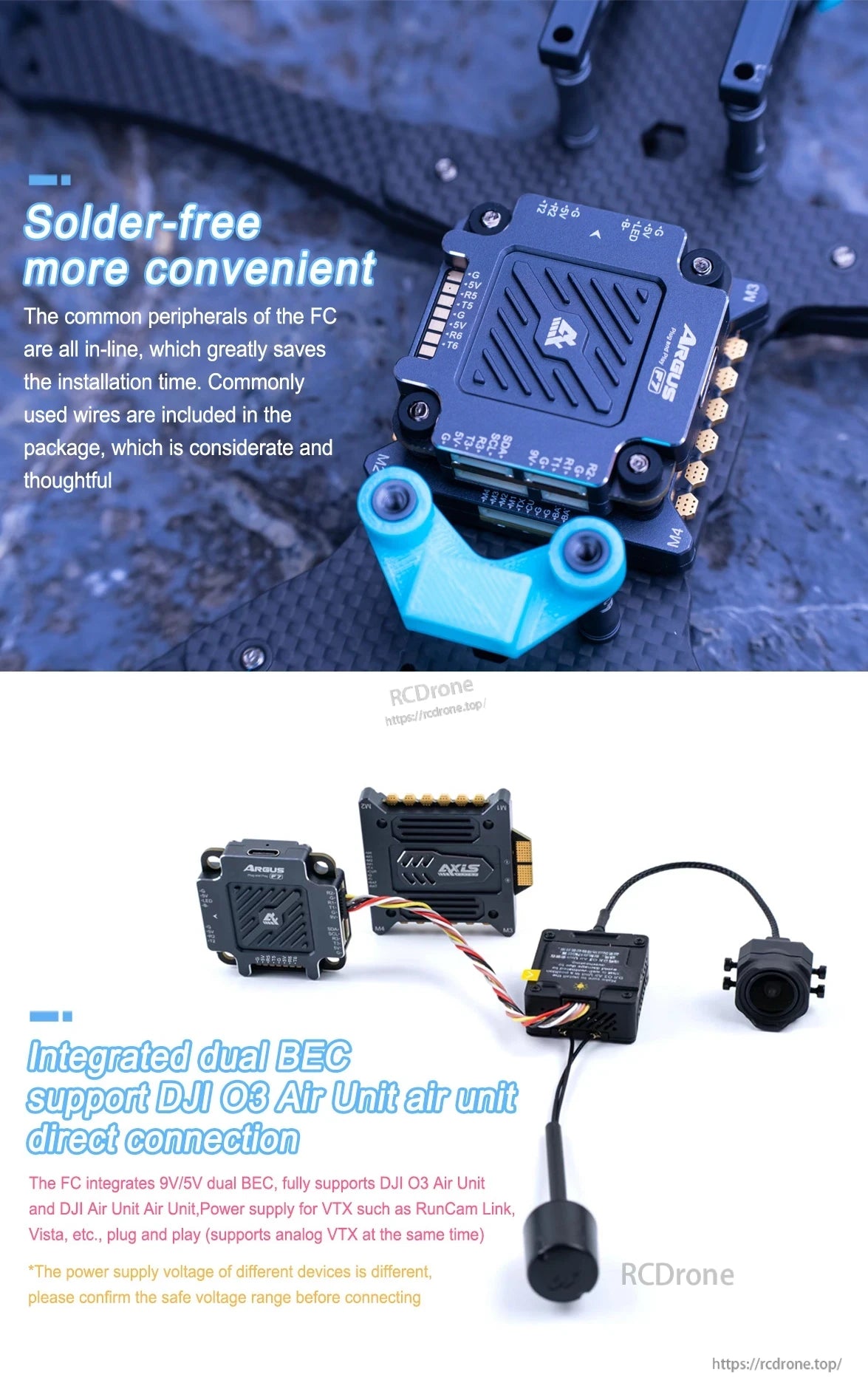Axisflying Argus plug-and-play flight controller stack with inline solder-free connectors and DJI O3 Air Unit wiring