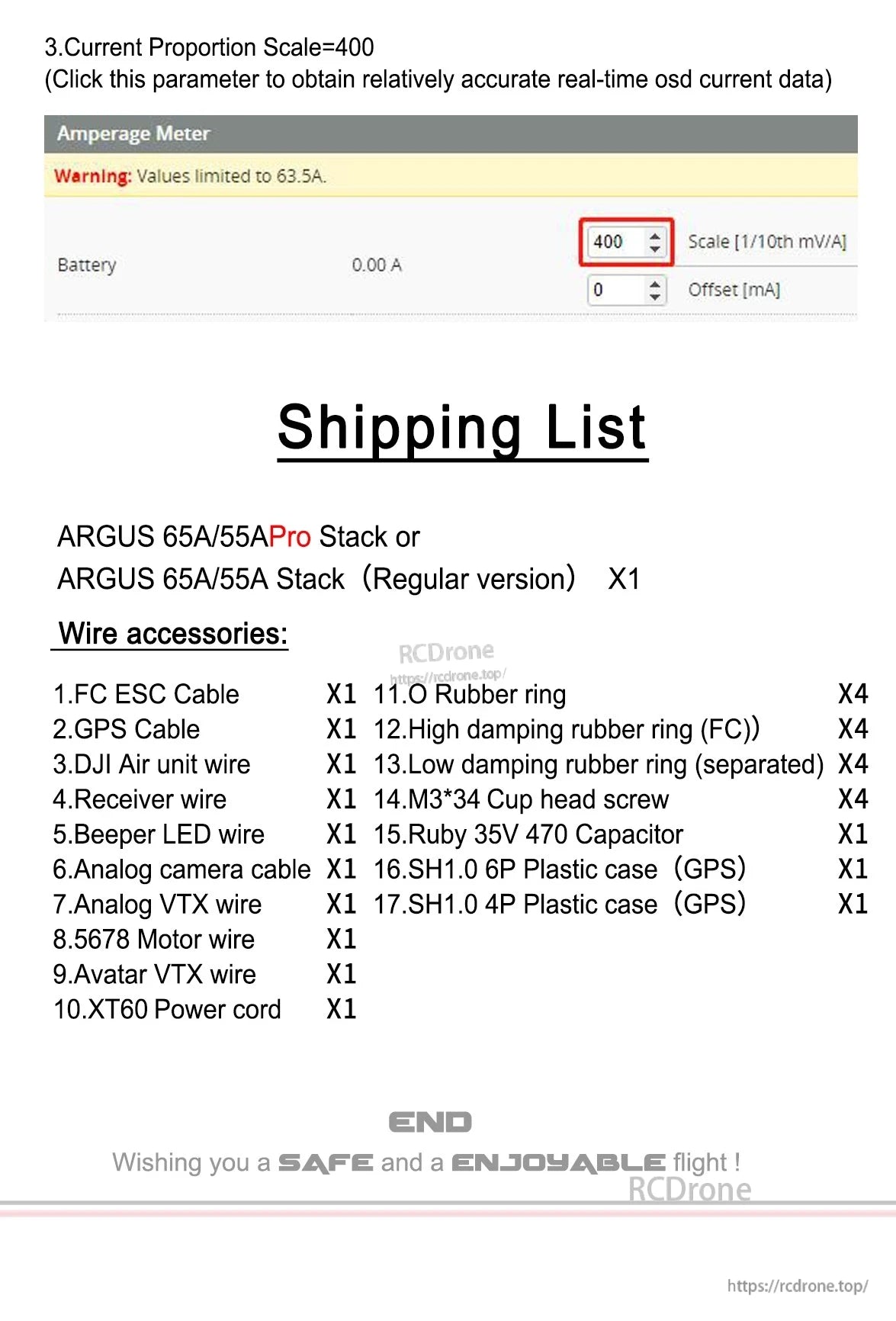 Axisflying Argus stack shipping list and amperage meter setting showing current scale 400 for OSD current data