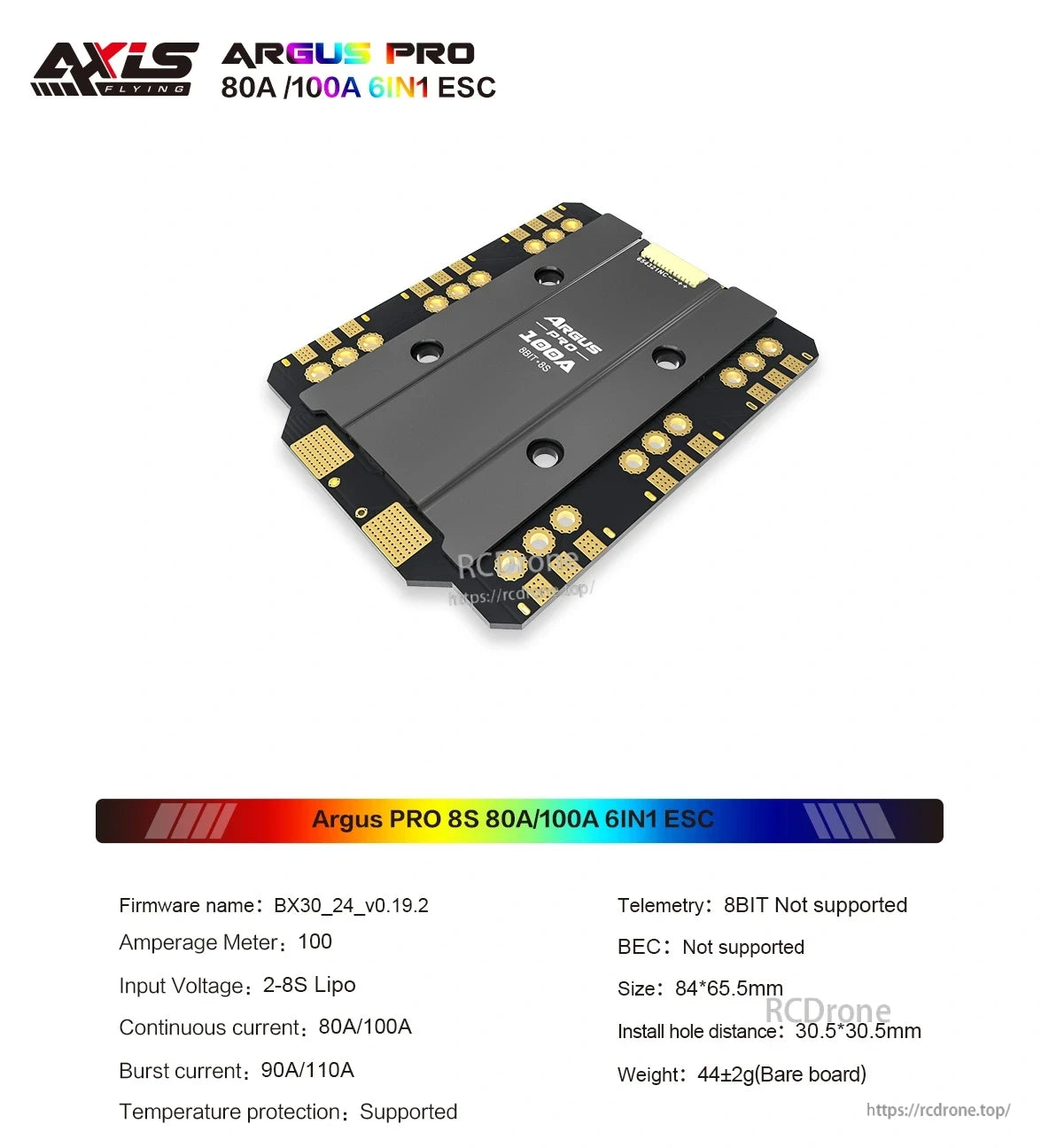 Axisflying Argus Pro 8S ESC, Axisflying Argus Pro 8S 80A/100A 6-in-1 ESC board with aluminum heatsink, solder pads, and plug connector
