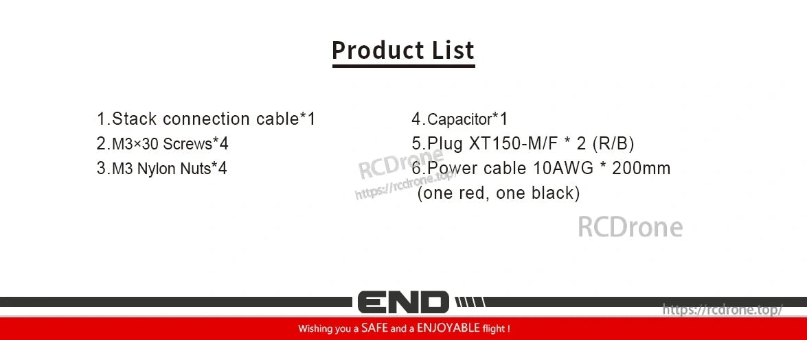 Axisflying Argus Pro 8S ESC package contents list: stack cable, M3x30 screws, nylon nuts, capacitor, XT150 plugs, 10AWG power cables.