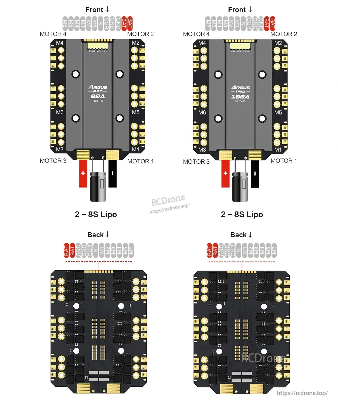 Axisflying Argus Pro 8S ESC wiring layout showing BAT/GND battery pads and motor outputs M1–M6 (2–8S LiPo).